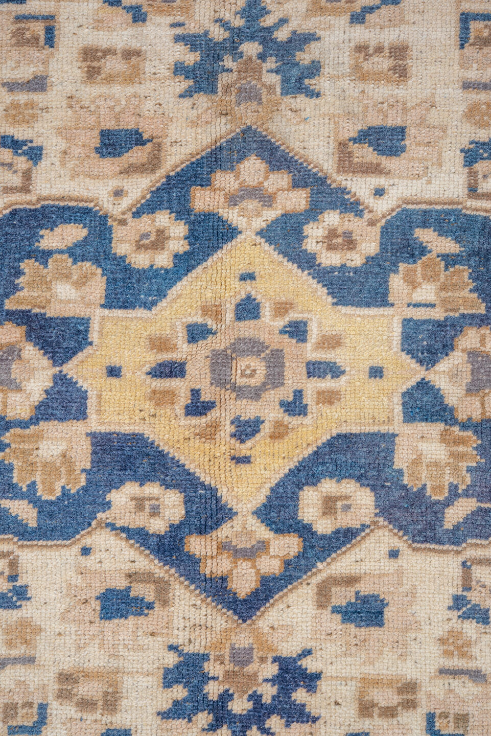 5' x 8' one-of-a-kind handmade vintage Oushak medium size rug. Color palette: ivory, blue, pale yellow, beige, taupe, gold