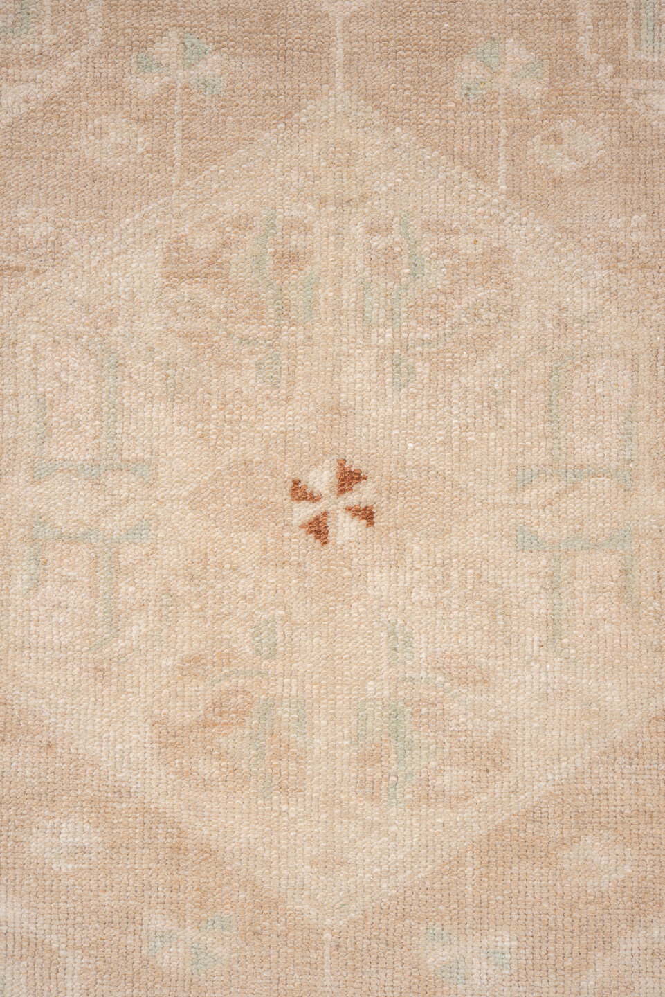 4' x 8' one-of-a-kind handmade vintage Oushak rug. Color palette: ivory, beige, rust, cream, pale aqua, taupe, terracotta