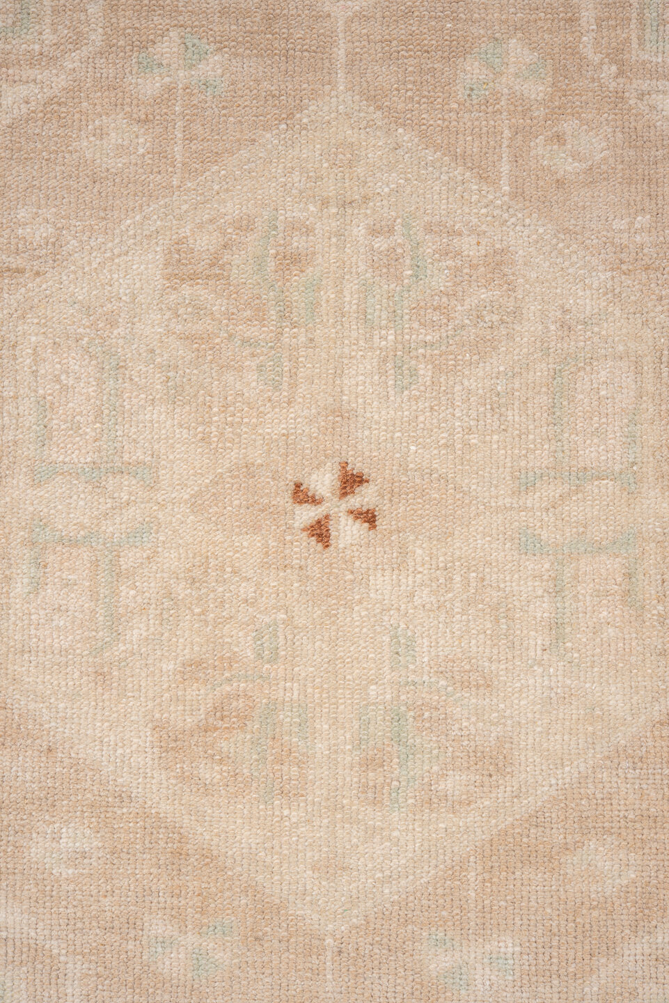 4' x 8' one-of-a-kind handmade vintage Oushak rug. Color palette: ivory, beige, rust, cream, pale aqua, taupe, terracotta