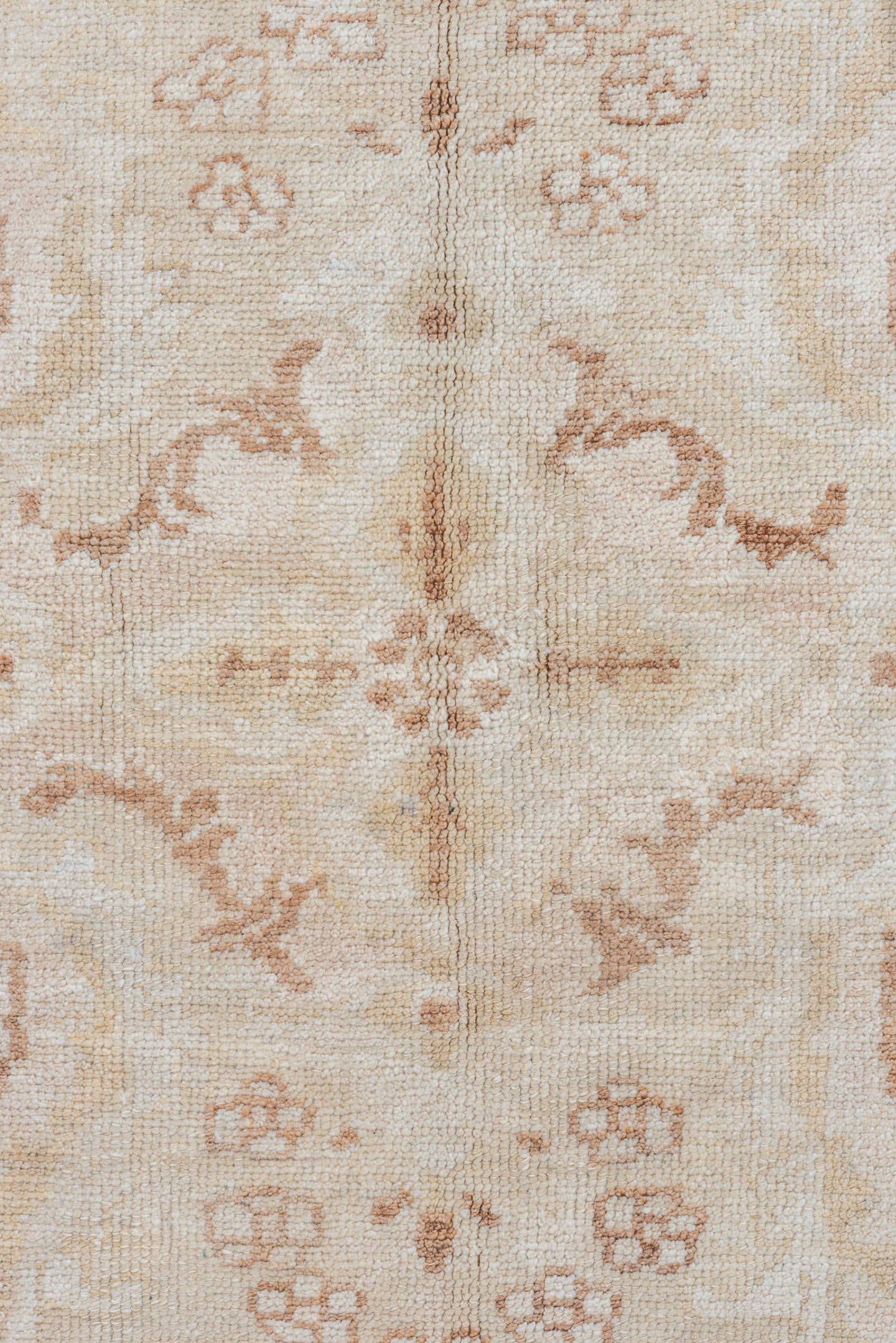 7' x 9' one-of-a-kind handmade vintage Oushak rug. Color palette: ivory, taupe, beige, blush, camel, cream, gray, pink