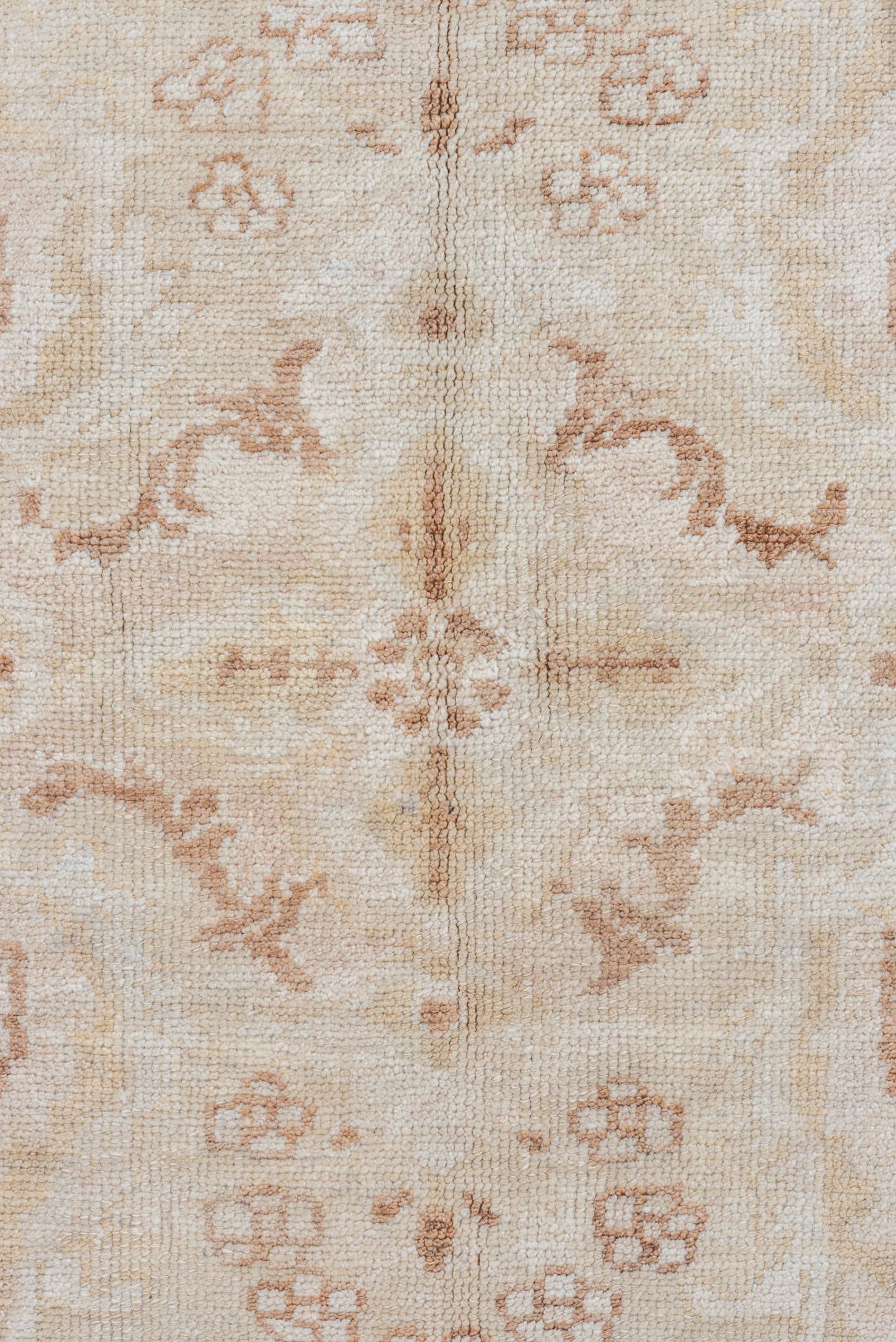 7' x 9' one-of-a-kind handmade vintage Oushak rug. Color palette: ivory, taupe, beige, blush, camel, cream, gray, pink