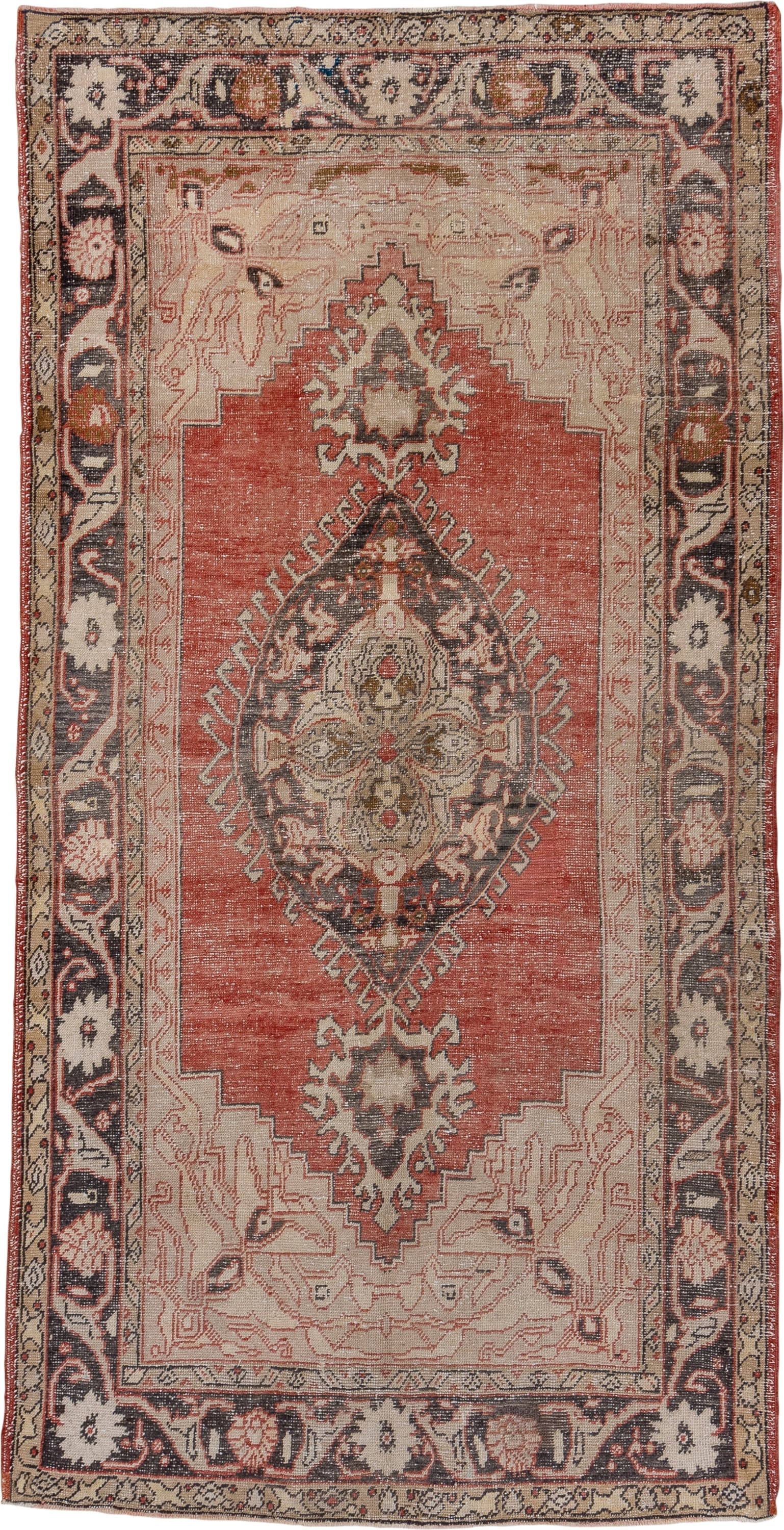 5' x 11' one-of-a-kind handmade vintage Oushak rug. Color palette: terra cotta, ivory, charcoal, taupe, rose, camel, olive