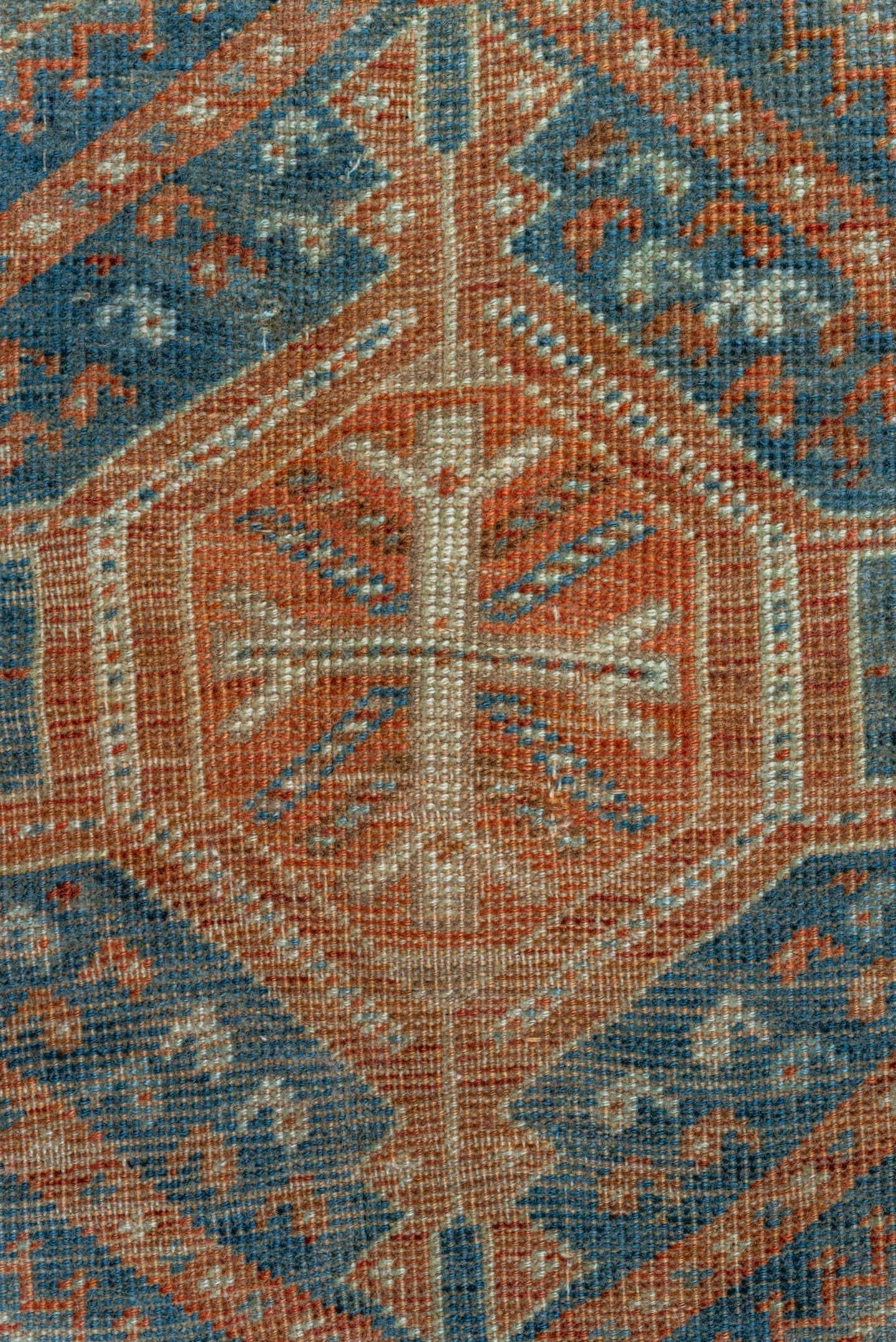 7' x 10' one-of-a-kind handmade vintage Shiraz large size rug. Color palette: terra cotta, ivory, slate, rust, blue, camel