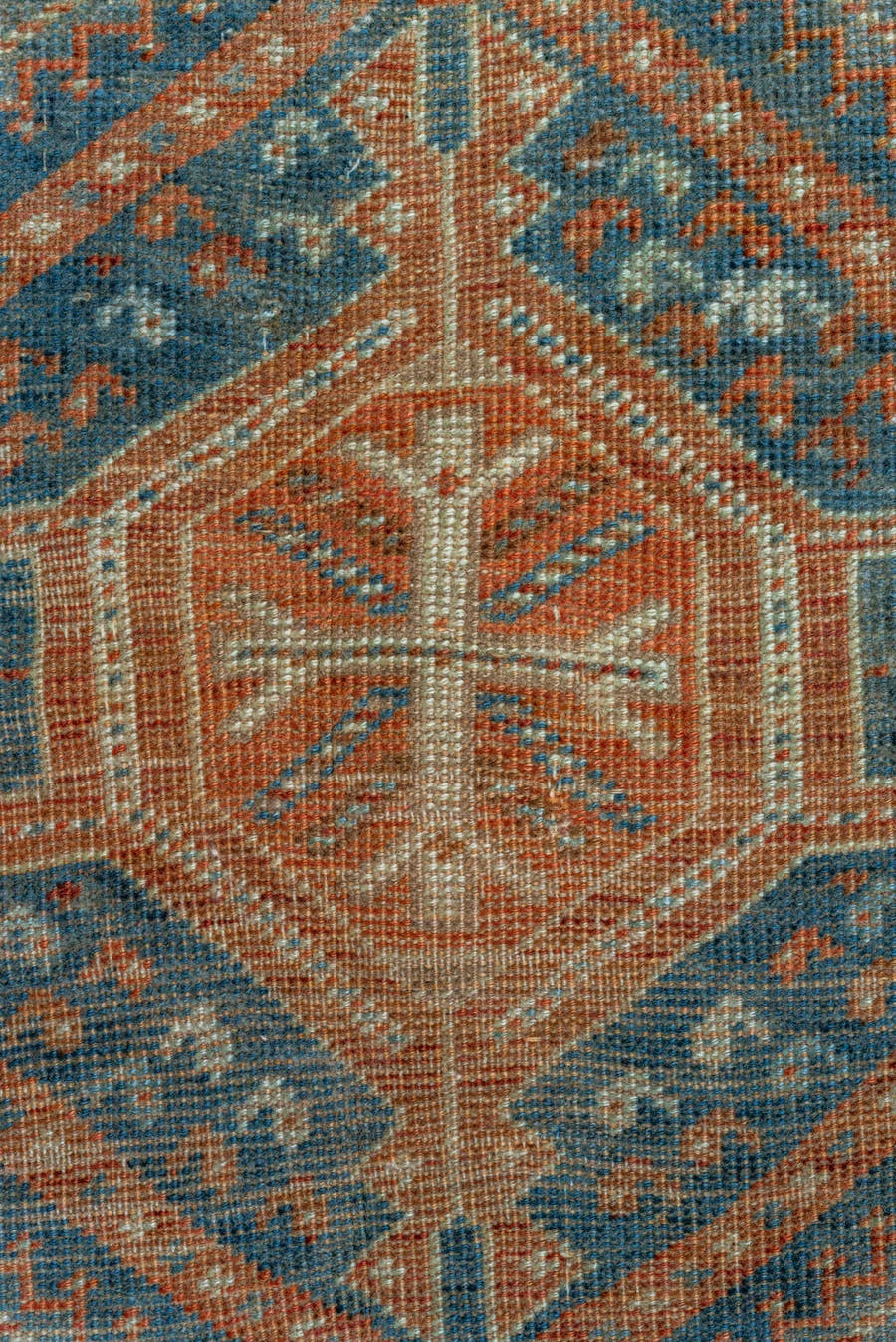 7' x 10' one-of-a-kind handmade vintage Shiraz large size rug. Color palette: terra cotta, ivory, slate, rust, blue, camel