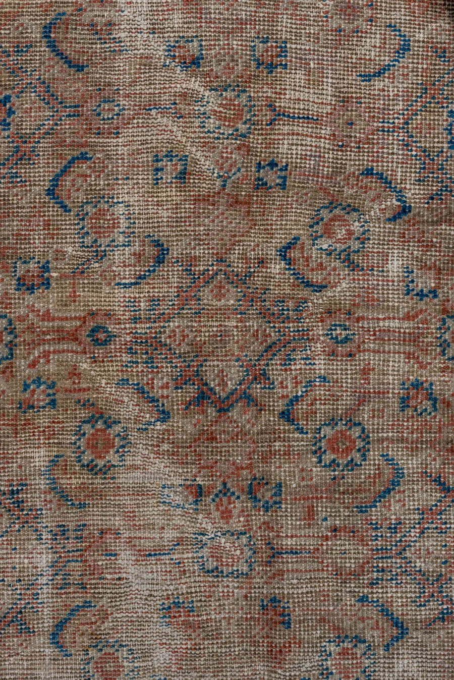 4' x 9' one-of-a-kind handmade vintage Mahal runner rug. Color palette: rose, ivory, taupe, dusty blue, terra cotta, beige
