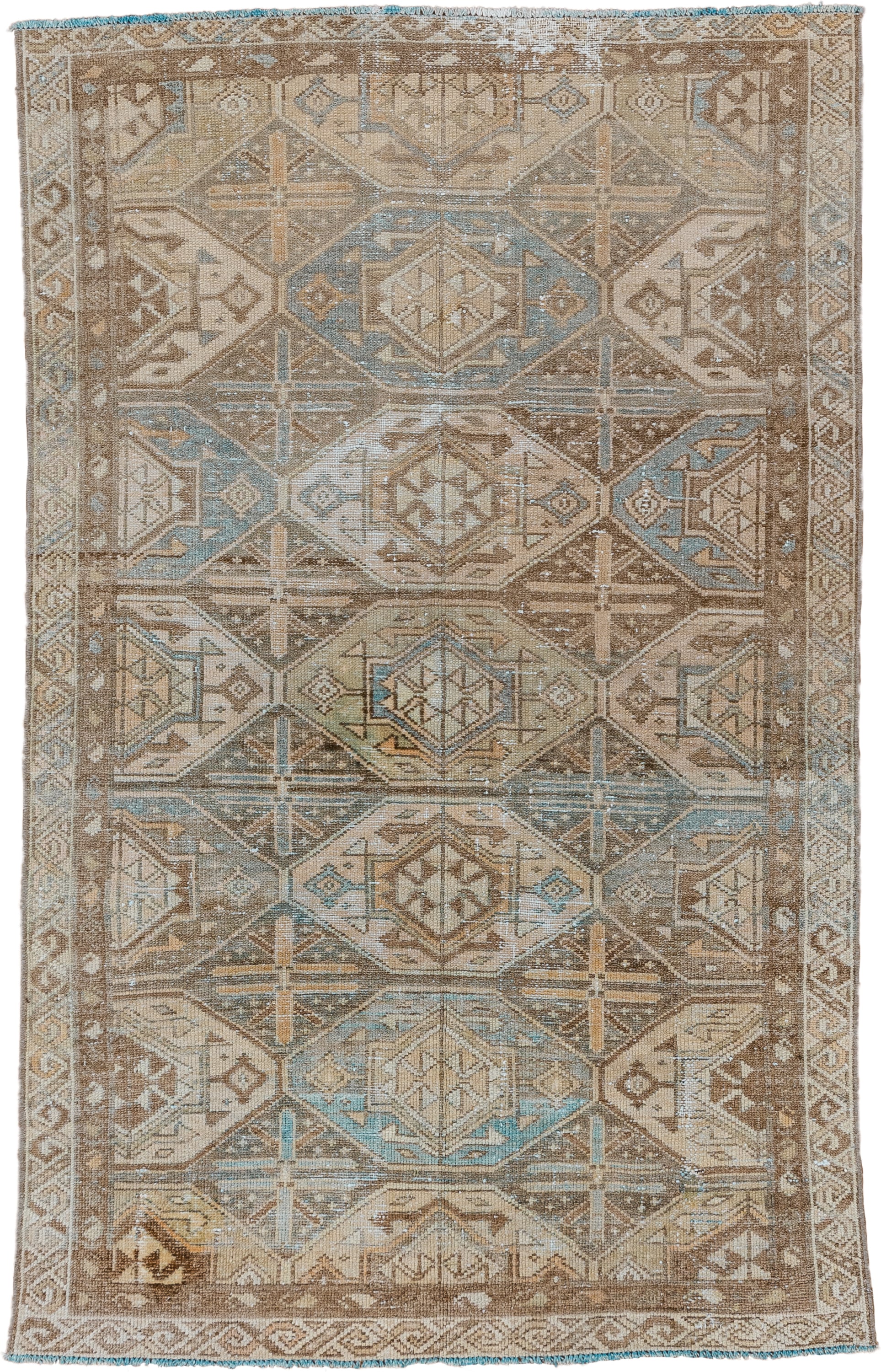 3' x 6' one-of-a-kind handmade vintage Baktiary small size rug. Color palette: taupe, ivory, sky blue, camel, brown, sand