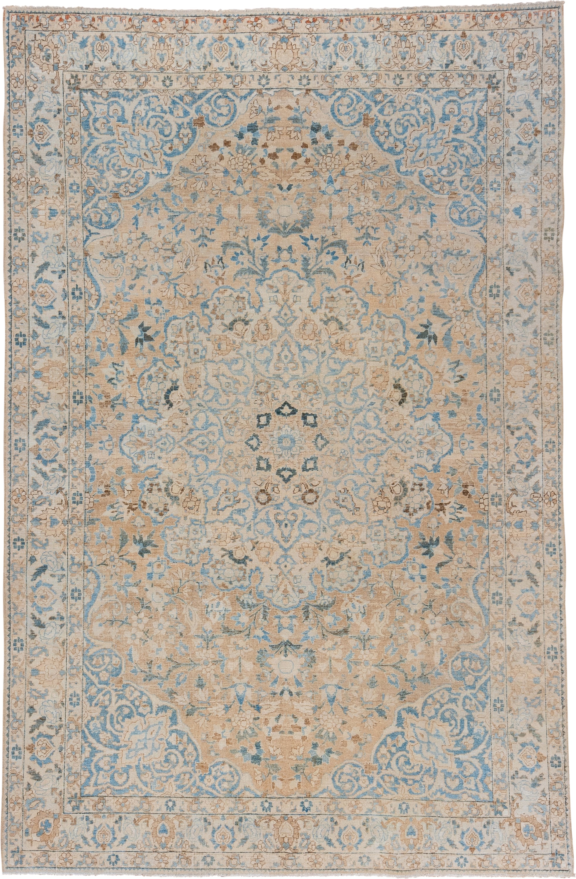 6' x 10' one-of-a-kind handmade vintage Baktiary large size rug. Color palette: ivory, beige, sky_blue, taupe, camel, slate