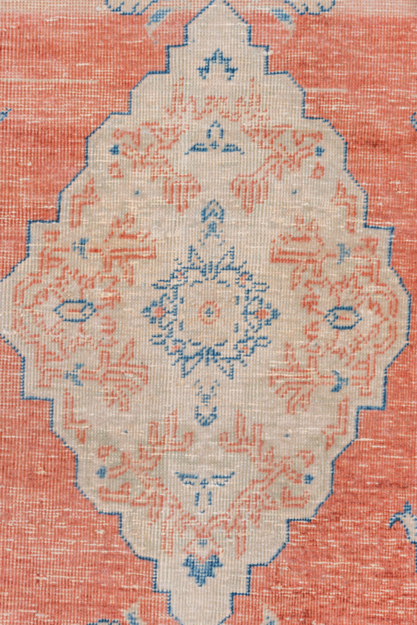 3' x 4' one-of-a-kind handmade vintage Mahal small size rug. Color palette: coral, ivory, sky blue, peach, cream, terracotta