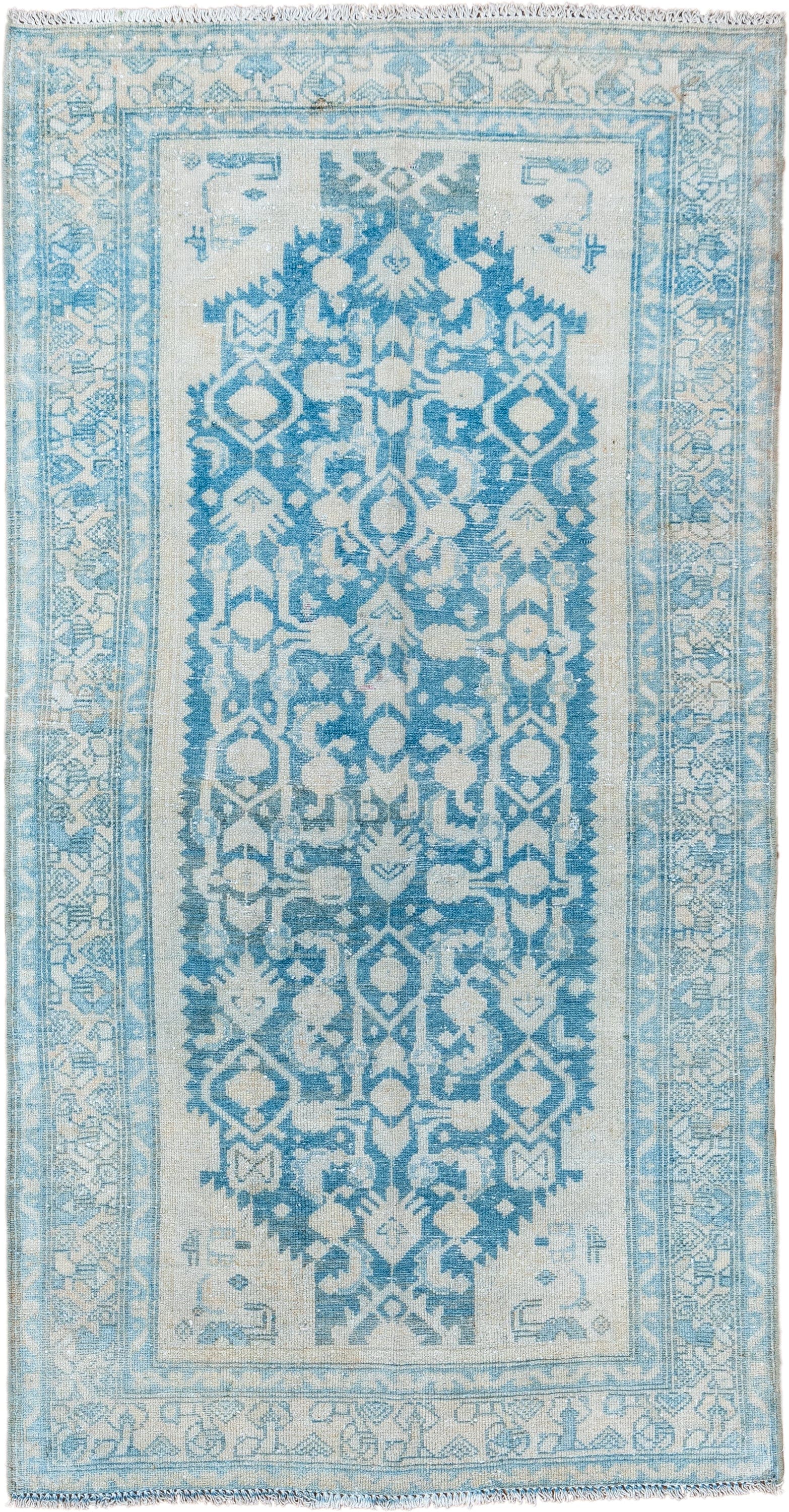 3' x 6' one-of-a-kind handmade vintage Malayer small size rug. Color palette: ivory, sky blue, powder blue, ice blue