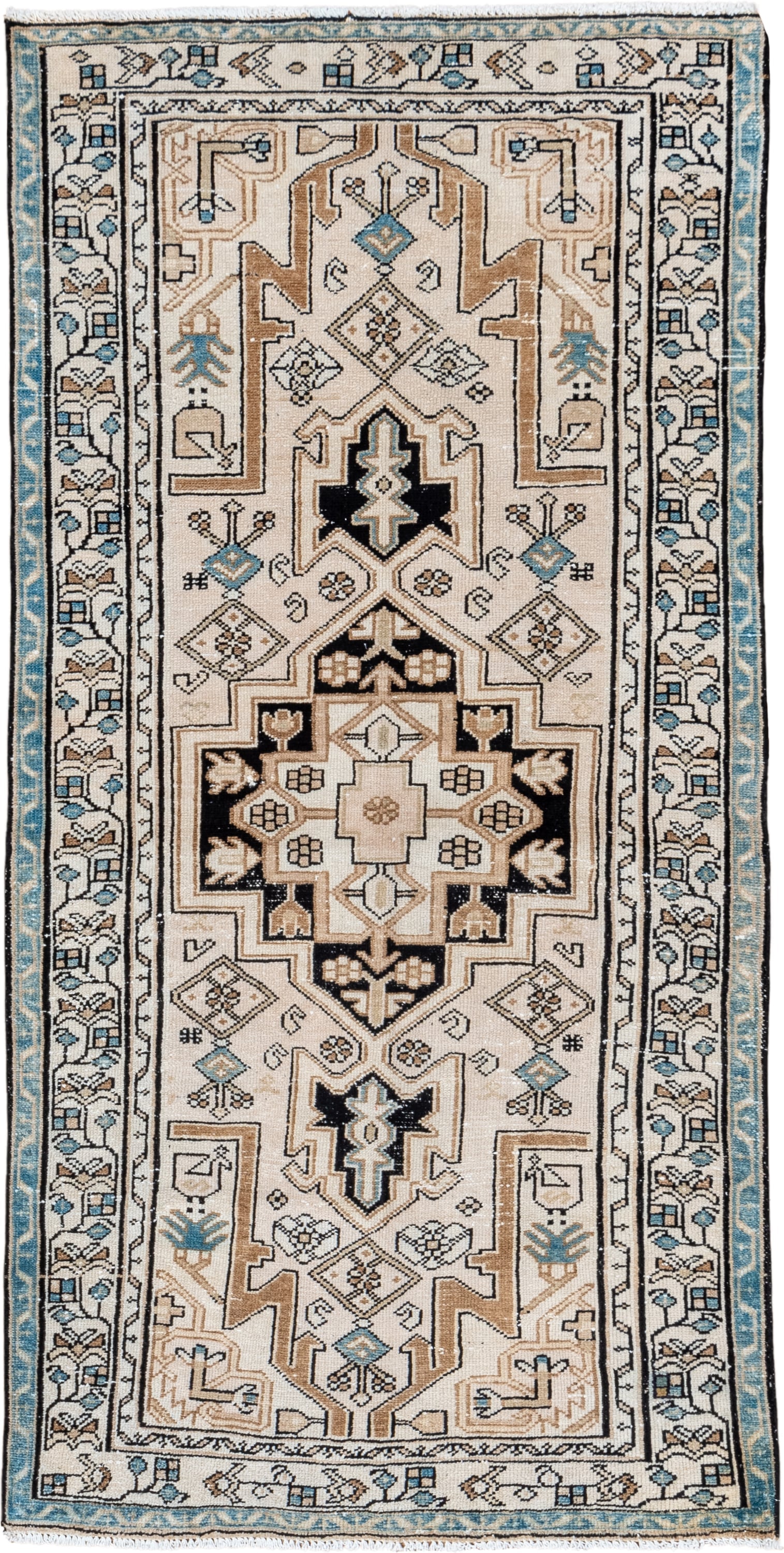 3' x 6' one-of-a-kind handmade vintage Malayer runner rug. Color palette: ivory, camel, sky_blue, black, taupe, light_blue