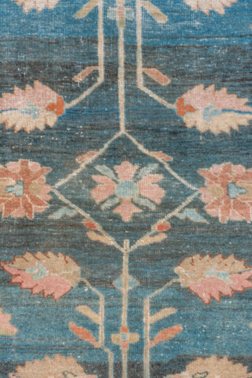 4' x 6' one-of-a-kind handmade vintage Sarouk small size rug. Color palette: blue, peach, ivory, sage, taupe, charcoal