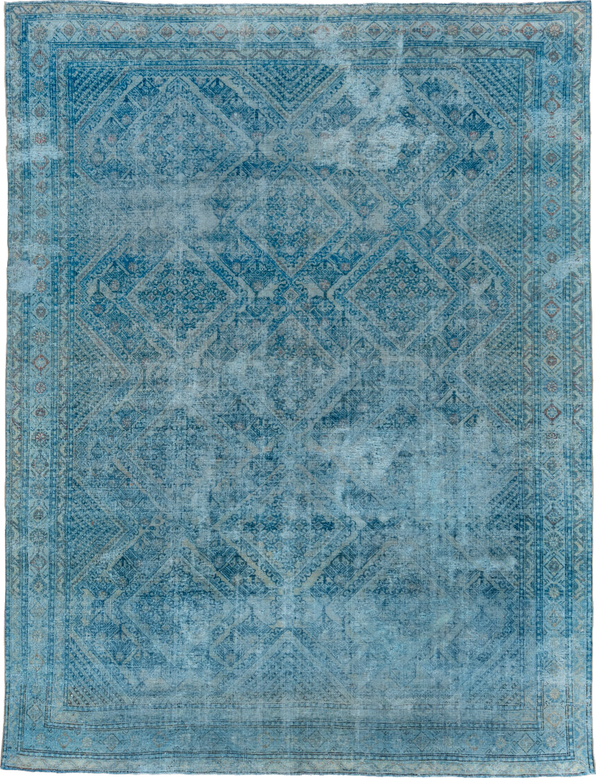 7' x 9' one-of-a-kind handmade vintage Veece rug. Color palette: arapawa, blue, gray, light blue