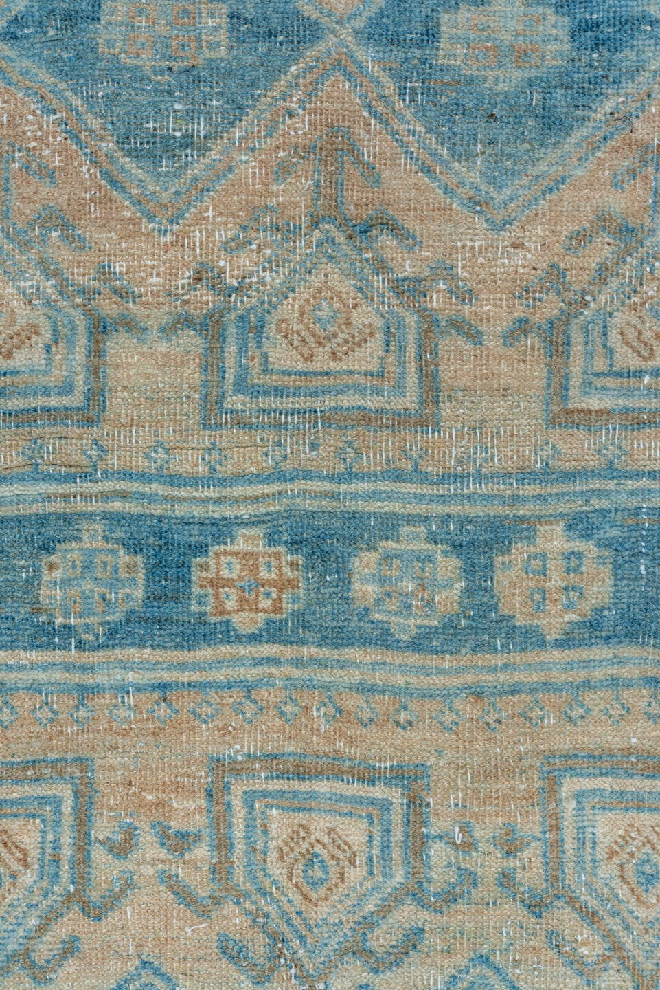 4' x 12' one-of-a-kind handmade vintage Bidjar runner rug. Color palette: blue, ivory, beige, camel, taupe, brown, gray