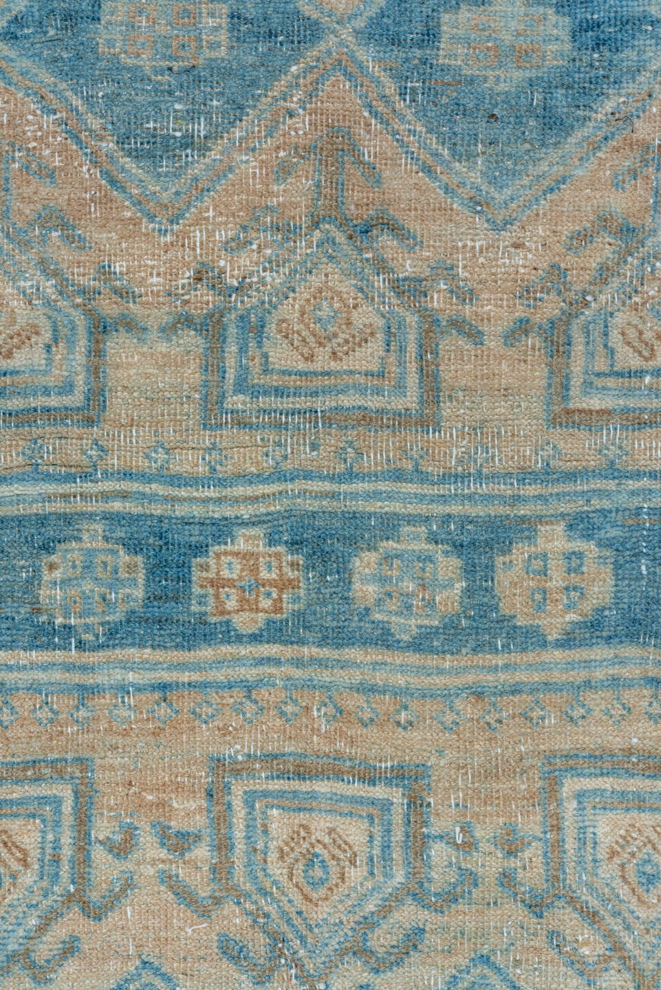 4' x 12' one-of-a-kind handmade vintage Bidjar runner rug. Color palette: blue, ivory, beige, camel, taupe, brown, gray