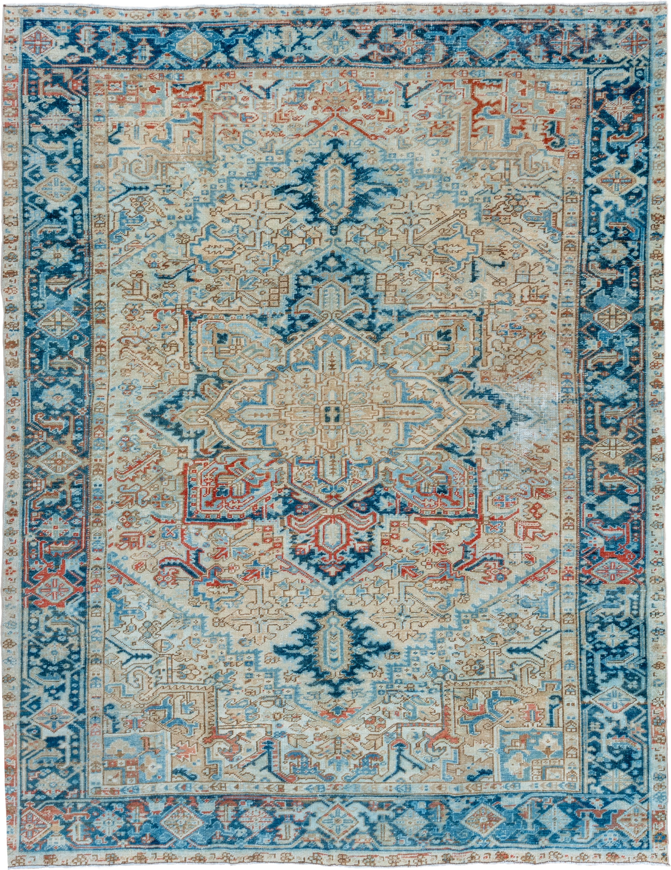 6' x 9' one-of-a-kind handmade vintage Heriz medium size rug. Color palette: ivory, sky blue, navy, rust, beige, camel