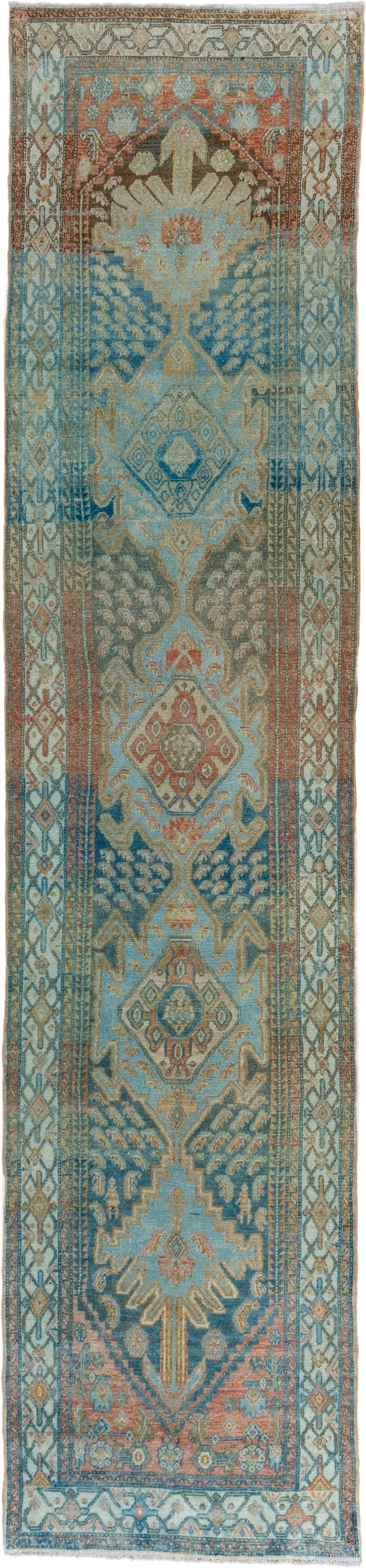 3' x 14' one-of-a-kind handmade vintage Malayer runner rug. Color palette: sky blue, ivory, rust, navy, camel, taupe, teal