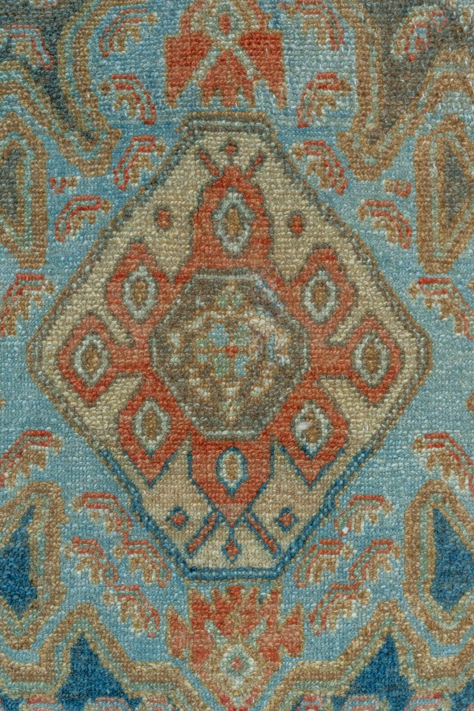 3' x 14' one-of-a-kind handmade vintage Malayer runner rug. Color palette: sky blue, ivory, rust, navy, camel, taupe, teal