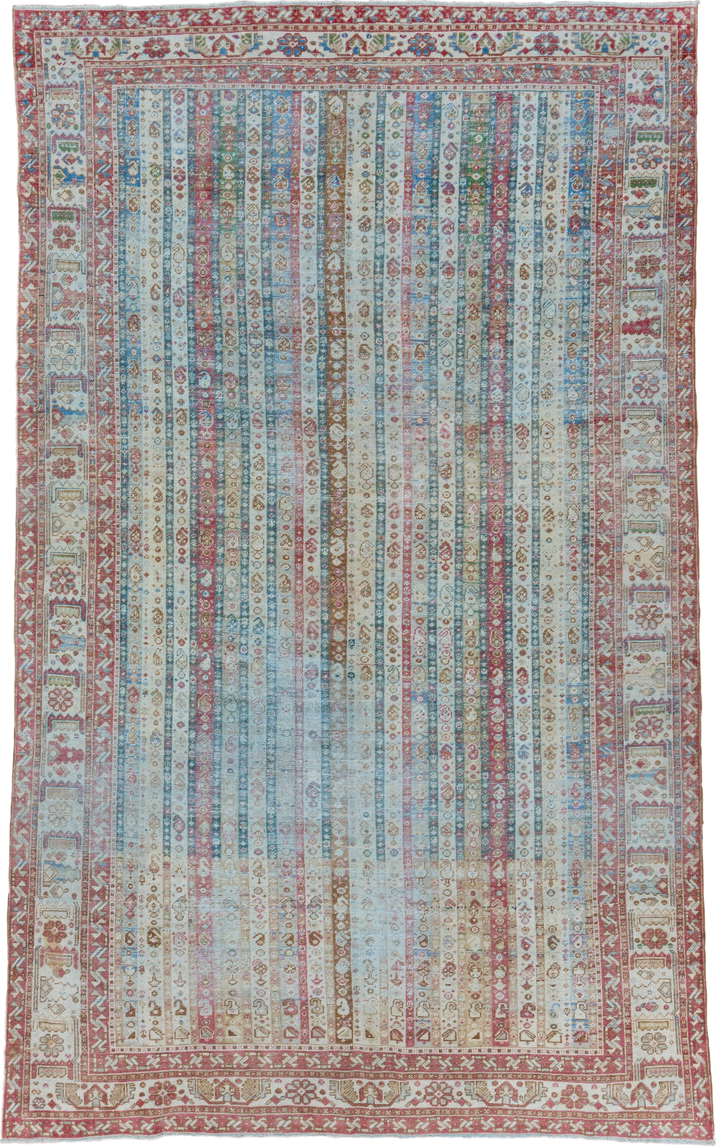 6' x 10' one-of-a-kind handmade vintage Sivas large size rug. Color palette: ivory, sky blue, rose, rust, taupe, sage, gold
