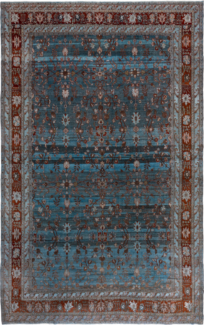 12' x 20' one-of-a-kind handmade vintage Malayer oversize rug. Color palette: arapawa, black, blue, brown, dim gray, gray