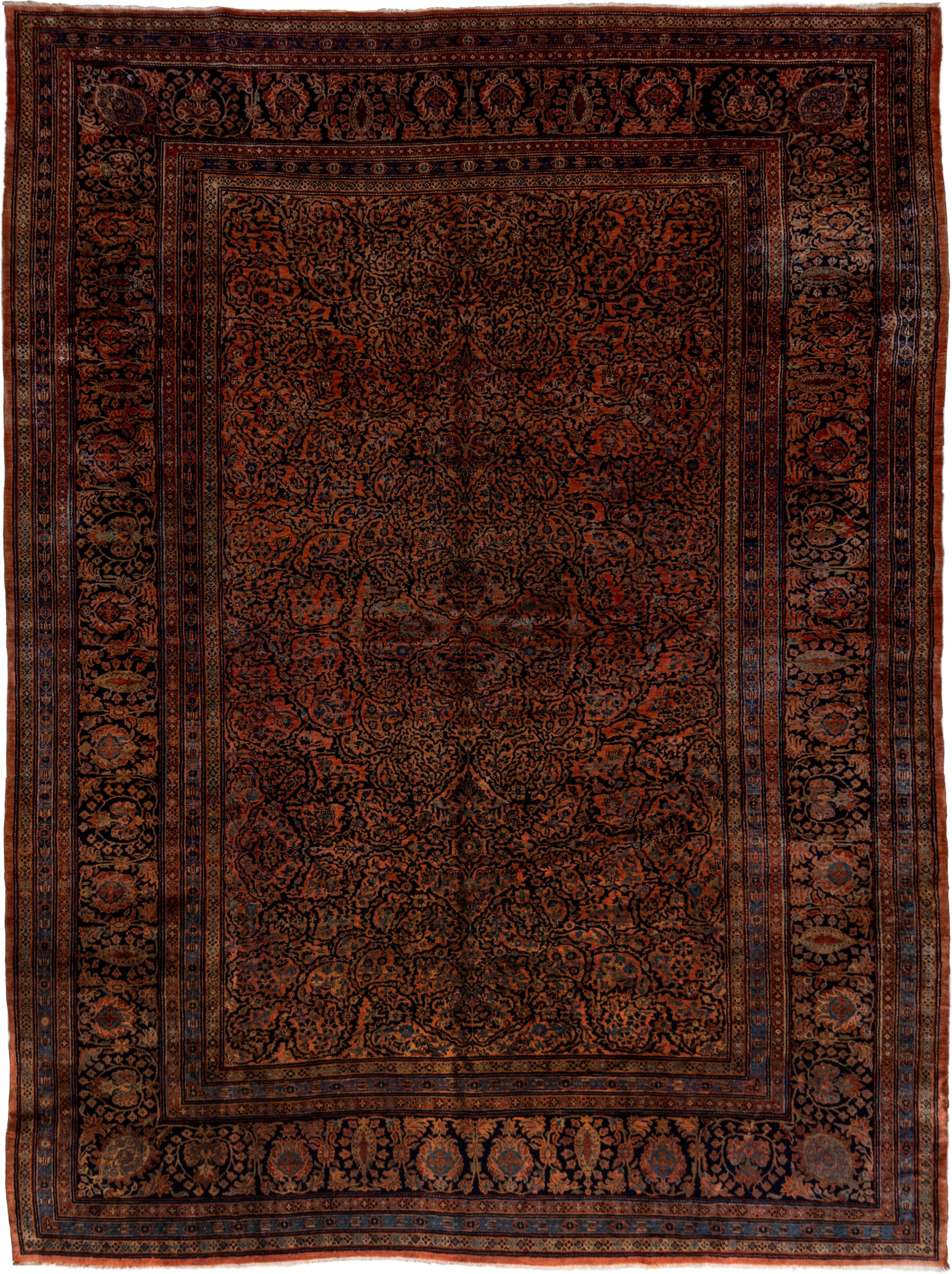 10' x 13' one-of-a-kind handmade vintage Sarouk large size rug. Color palette: rust, navy, charcoal, terra cotta, slate