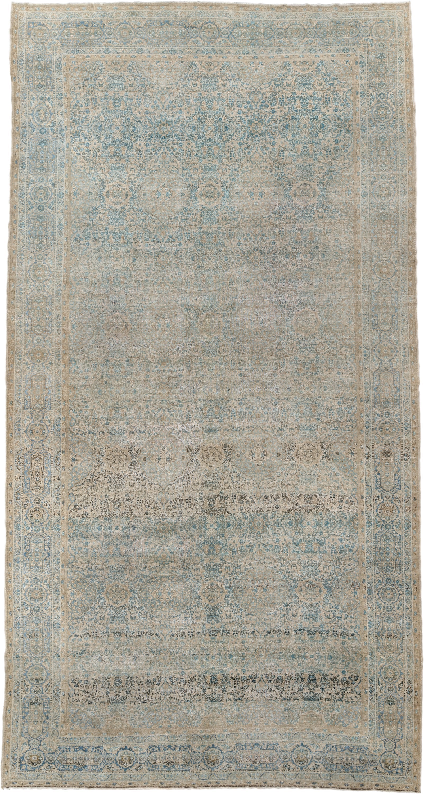 12' x 23' one-of-a-kind handmade vintage Kerman oversize rug. Color palette: ivory, sky blue, taupe, beige, slate, sand