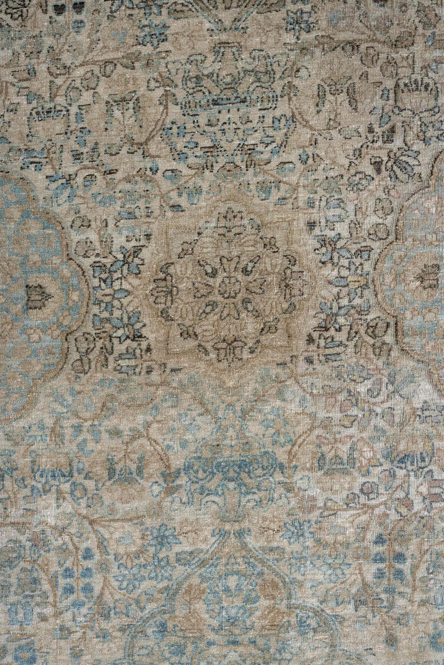 12' x 23' one-of-a-kind handmade vintage Kerman oversize rug. Color palette: ivory, sky blue, taupe, beige, slate, sand