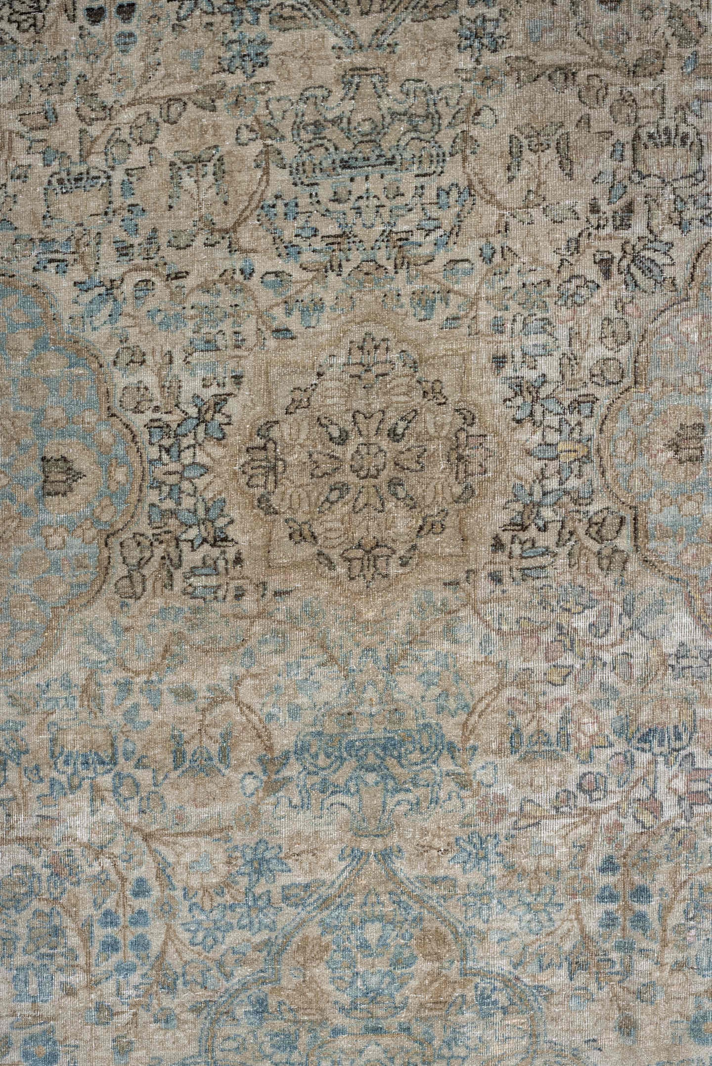 12' x 23' one-of-a-kind handmade vintage Kerman oversize rug. Color palette: ivory, sky blue, taupe, beige, slate, sand