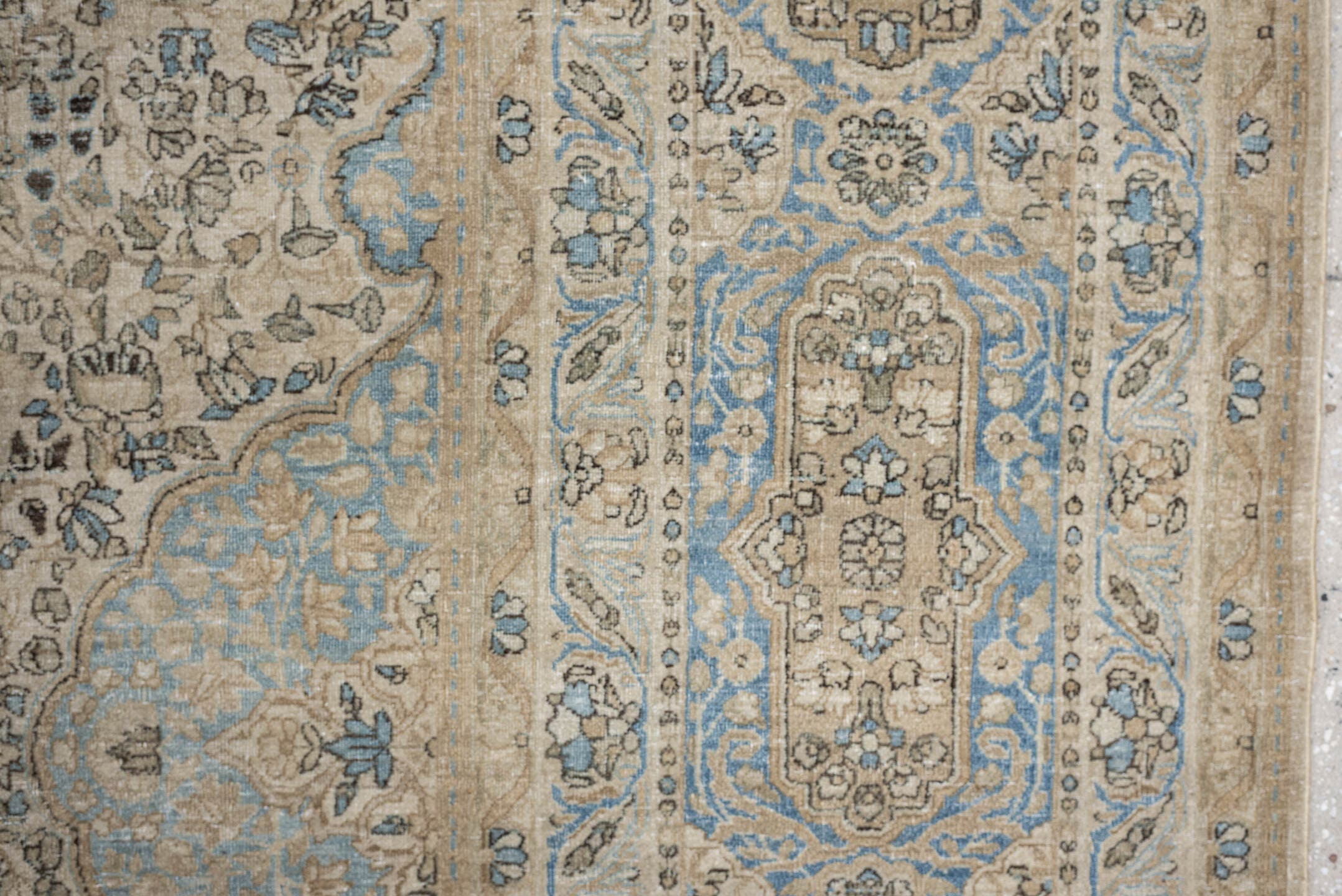 12' x 23' one-of-a-kind handmade vintage Kerman oversize rug. Color palette: ivory, sky blue, taupe, beige, slate, sand