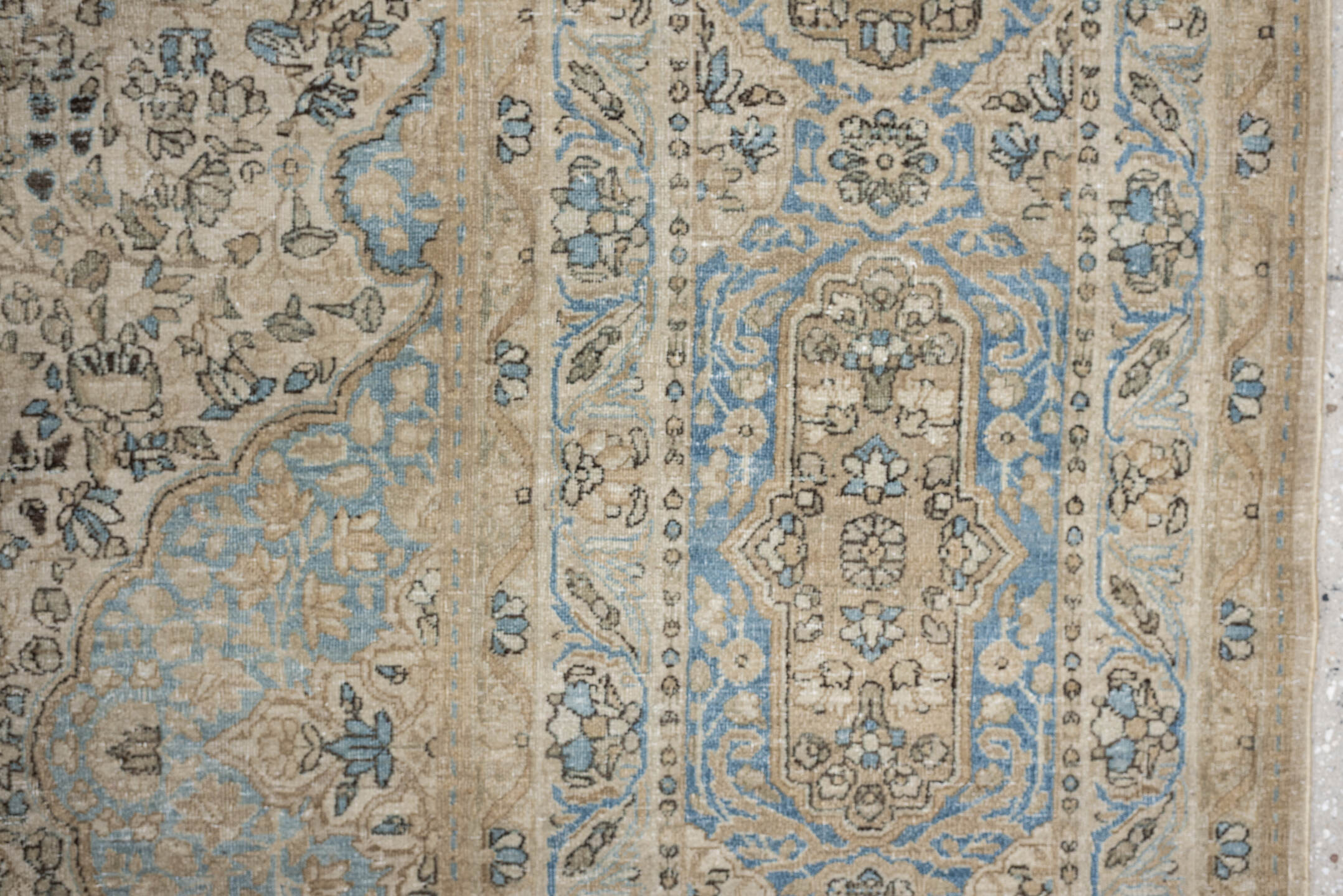 12' x 23' one-of-a-kind handmade vintage Kerman oversize rug. Color palette: ivory, sky blue, taupe, beige, slate, sand