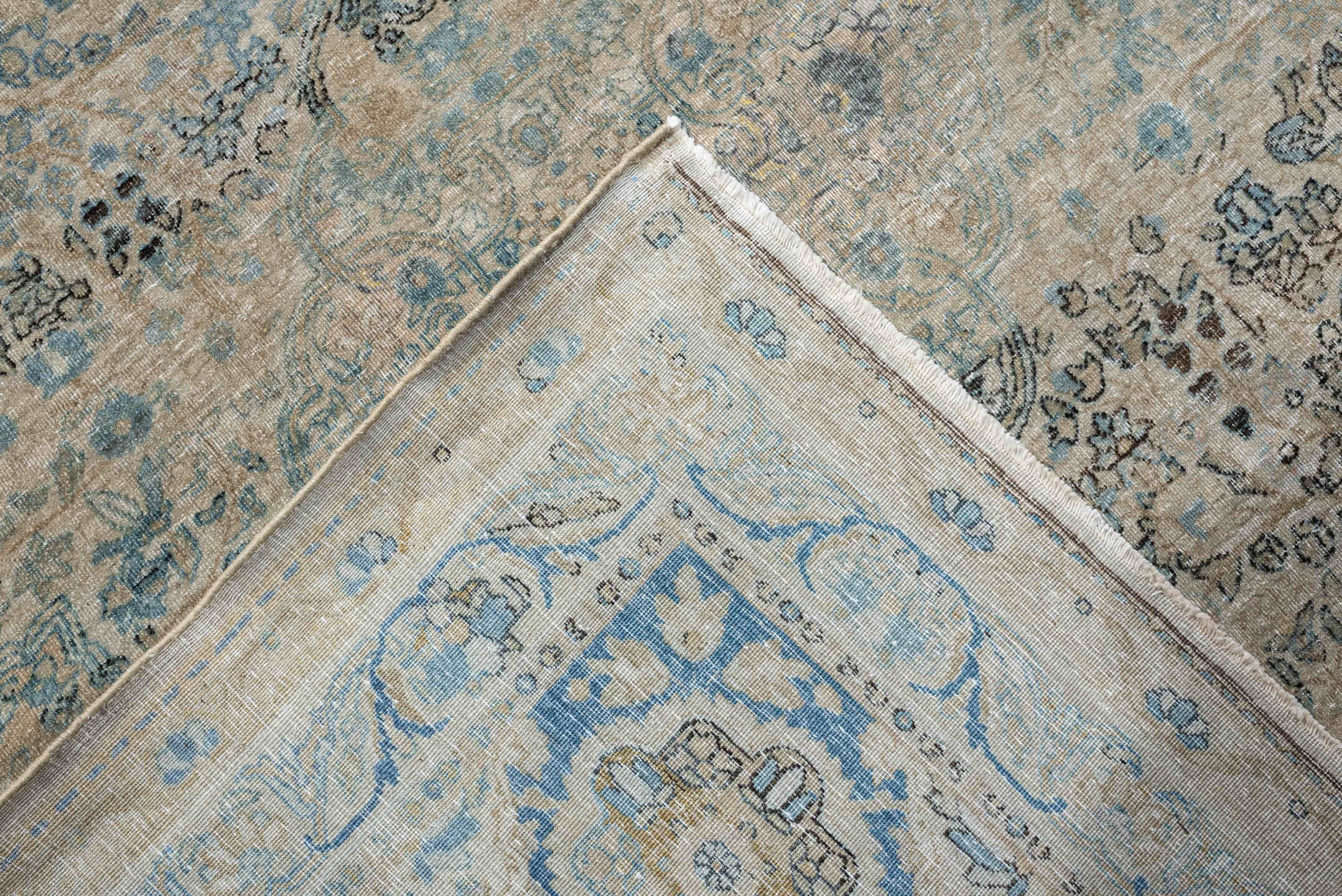 12' x 23' one-of-a-kind handmade vintage Kerman oversize rug. Color palette: ivory, sky blue, taupe, beige, slate, sand