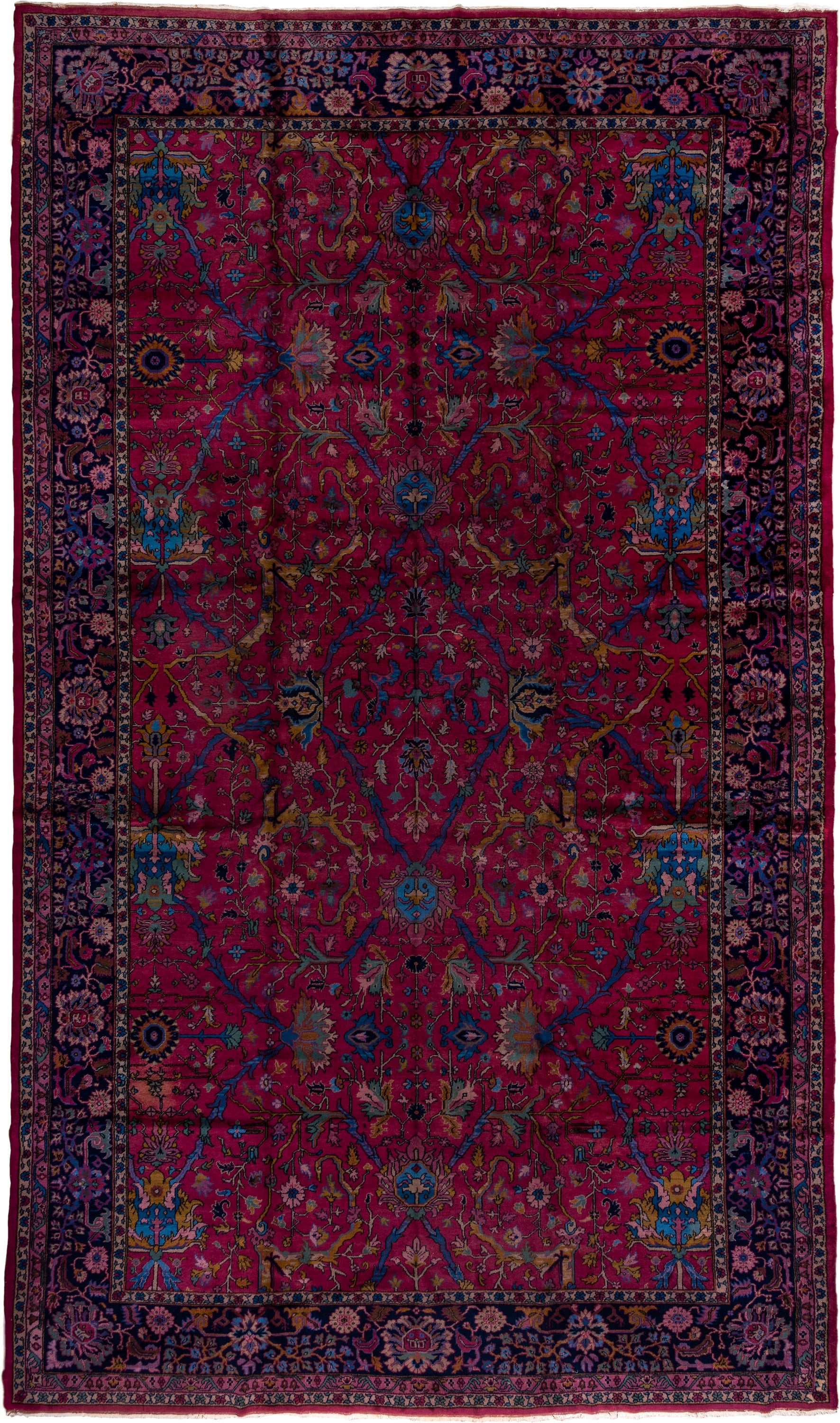 11' x 20' one-of-a-kind handmade vintage Agra oversize rug. Color palette: raspberry, navy, sky blue, rose, gold, burgundy