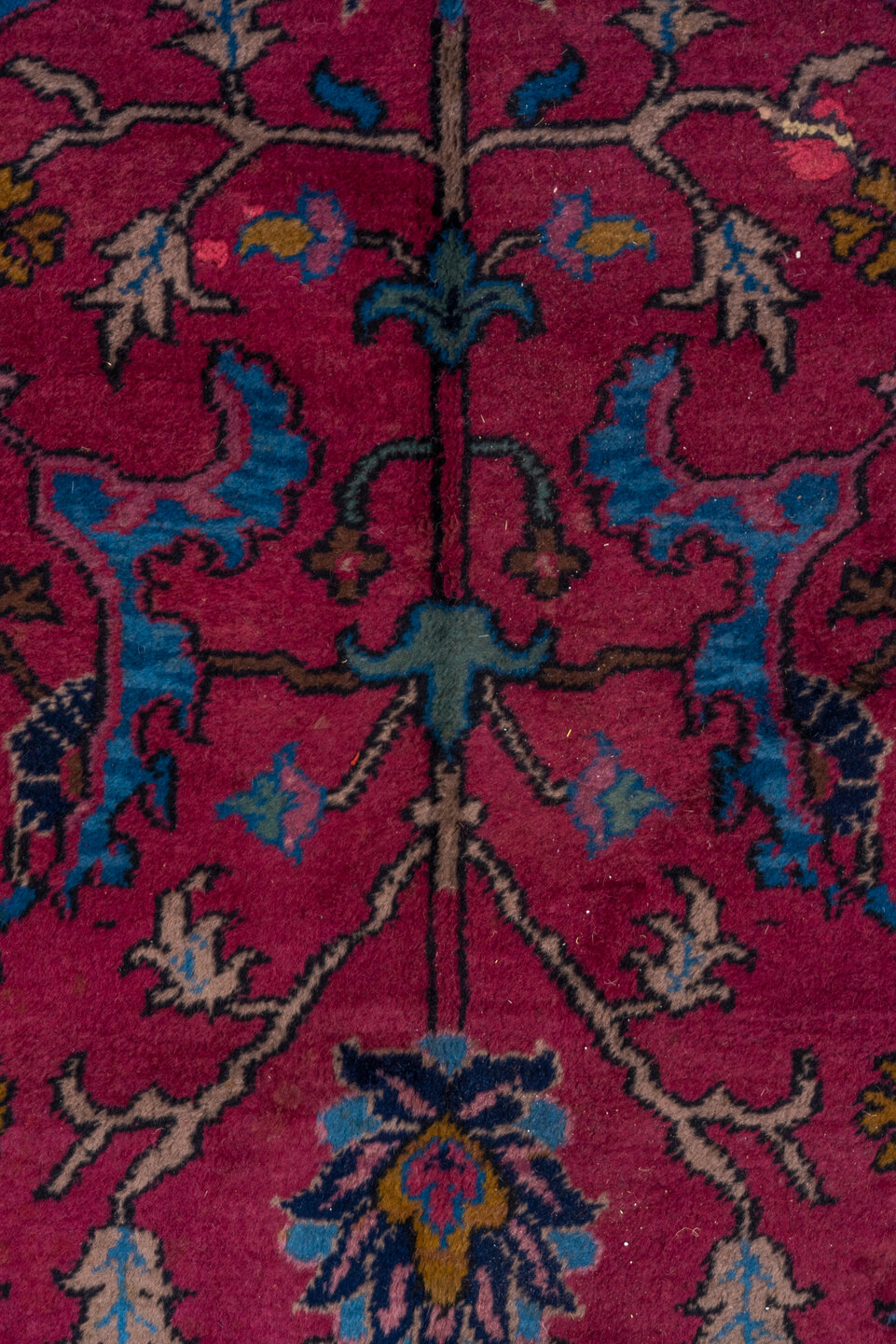 11' x 20' one-of-a-kind handmade vintage Agra oversize rug. Color palette: raspberry, navy, sky blue, rose, gold, burgundy