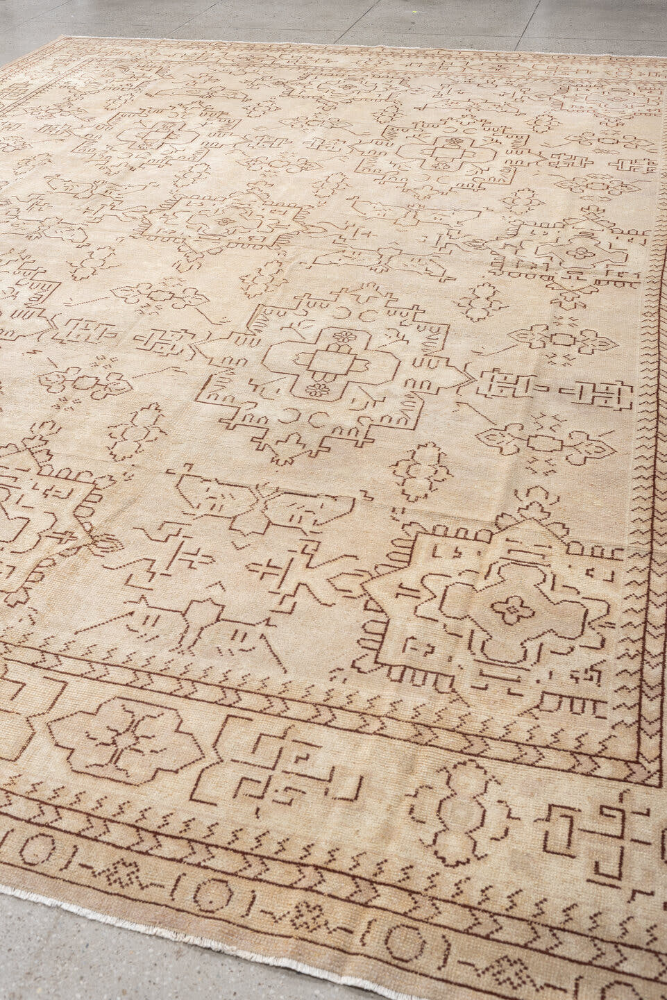 12' x 14' one-of-a-kind handmade antique Oushak oversize rug. Color palette: ivory, beige, taupe, camel, sand, gray