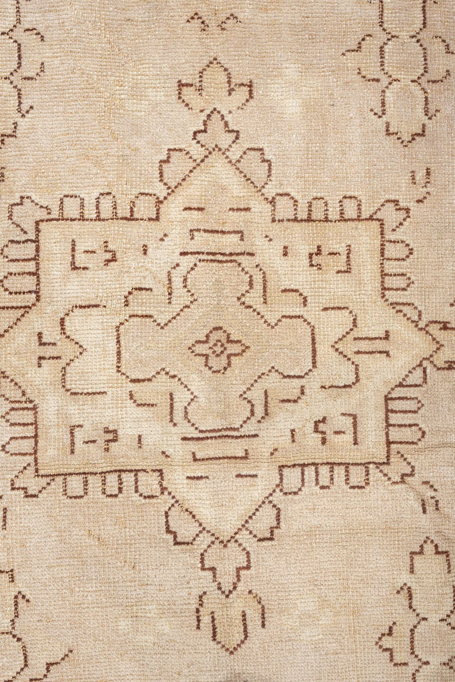 12' x 14' one-of-a-kind handmade antique Oushak oversize rug. Color palette: ivory, beige, taupe, camel, sand, gray