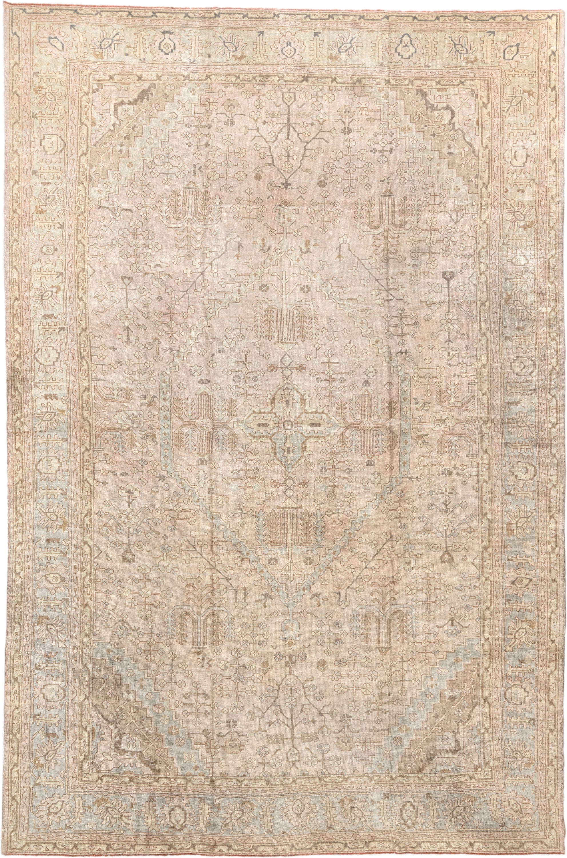 12' x 18' one-of-a-kind handmade antique Oushak oversize rug. Color palette: ivory, taupe, pale blue, faded terracotta