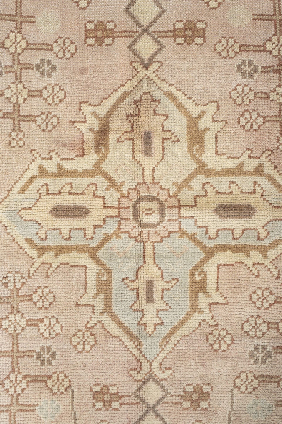 12' x 18' one-of-a-kind handmade antique Oushak oversize rug. Color palette: ivory, taupe, pale blue, faded terracotta