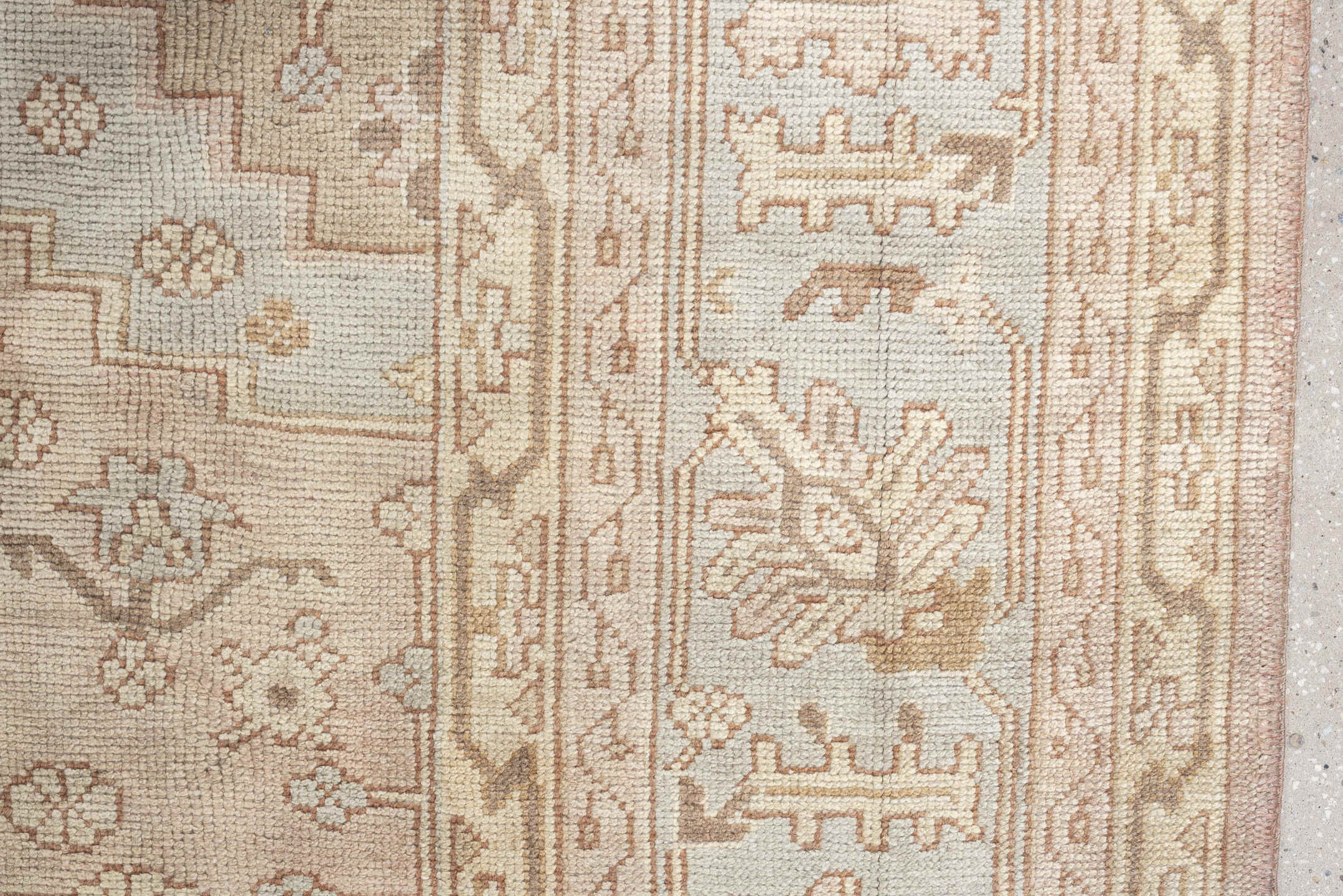 12' x 18' one-of-a-kind handmade antique Oushak oversize rug. Color palette: ivory, taupe, pale blue, faded terracotta