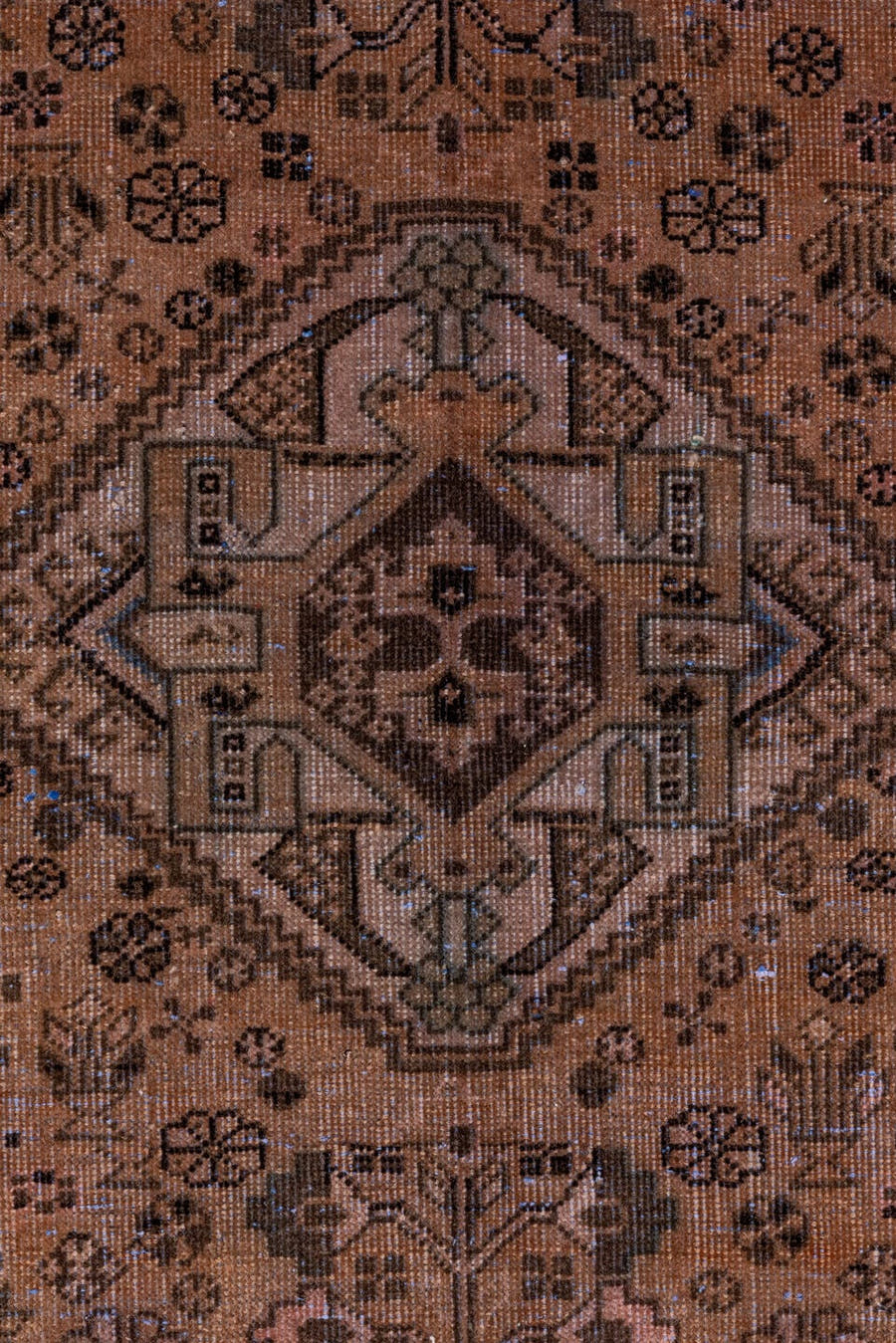 3' x 10' one-of-a-kind handmade vintage Shiraz runner rug. Color palette: taupe, camel, brown, ivory, charcoal, sage, beige