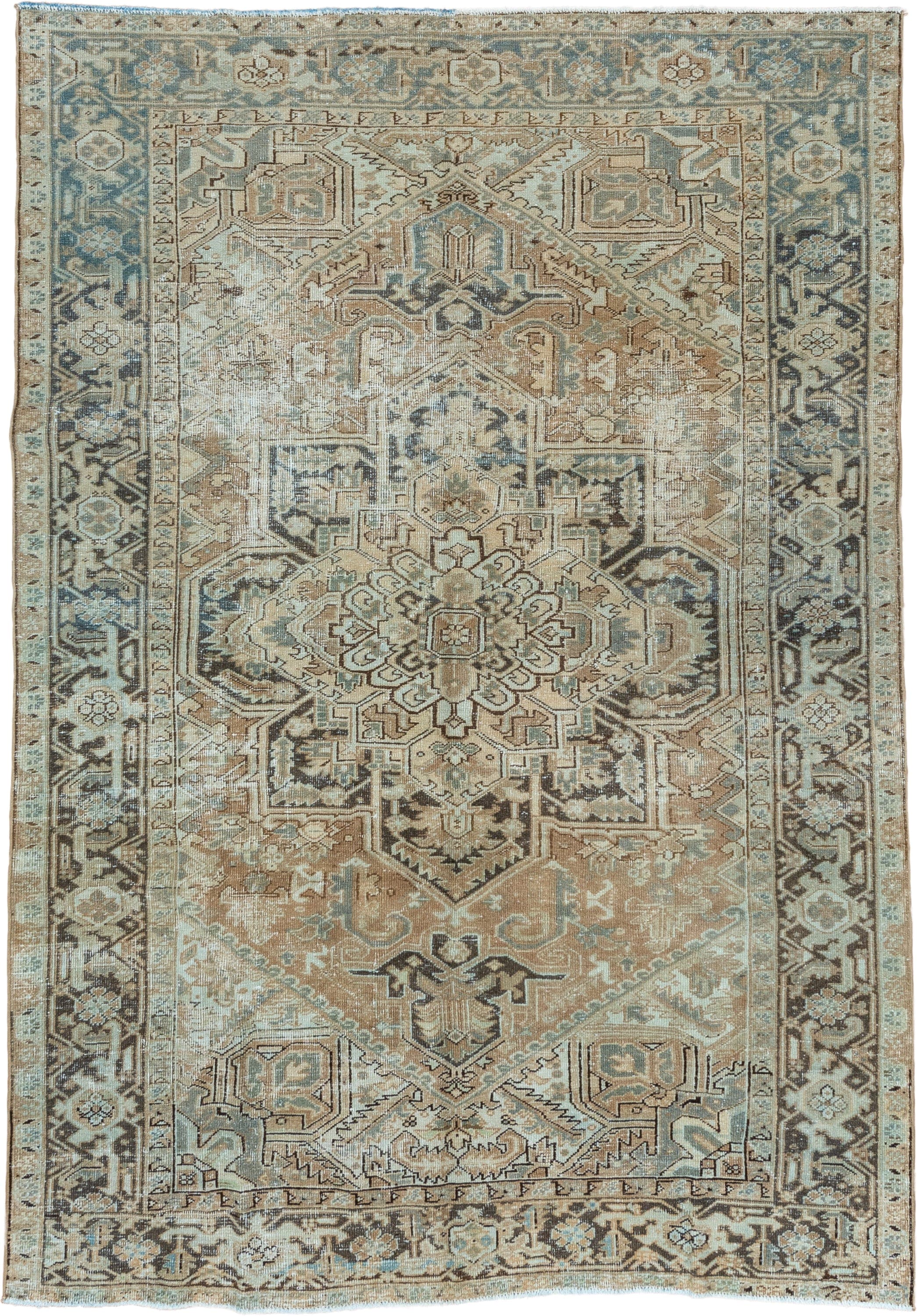 6' x 9' one-of-a-kind handmade vintage Heriz medium size rug. Color palette: camel, ivory, pale blue, taupe, charcoal, beige