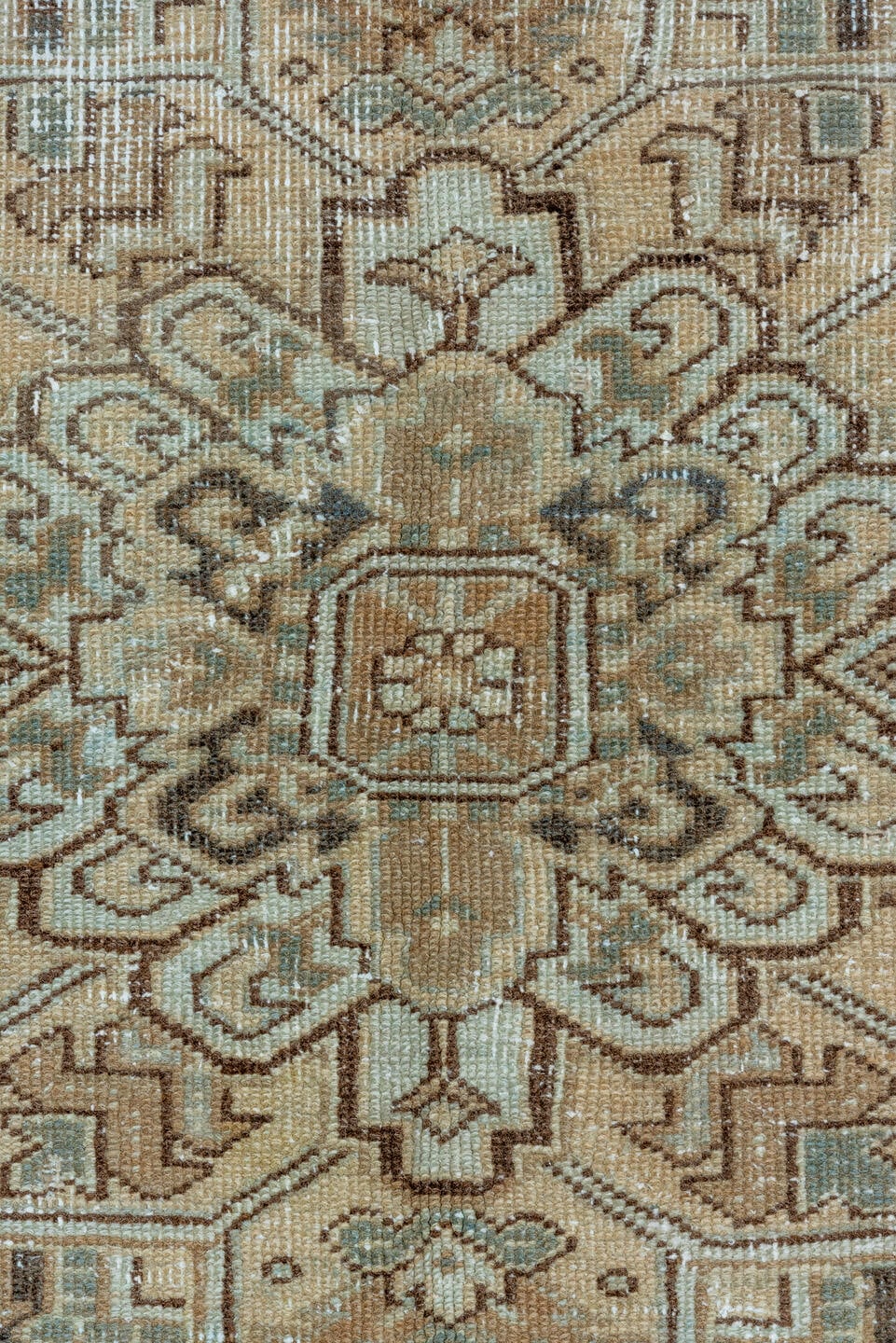 6' x 9' one-of-a-kind handmade vintage Heriz medium size rug. Color palette: camel, ivory, pale blue, taupe, charcoal, beige