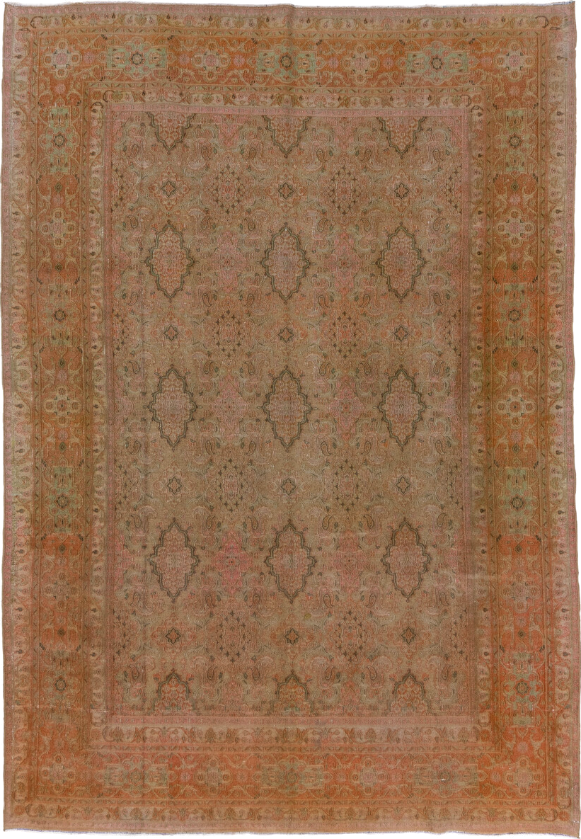 7' x 10' one-of-a-kind handmade vintage Khorassan large size rug. Color palette: taupe, terra cotta, sage, blush, camel
