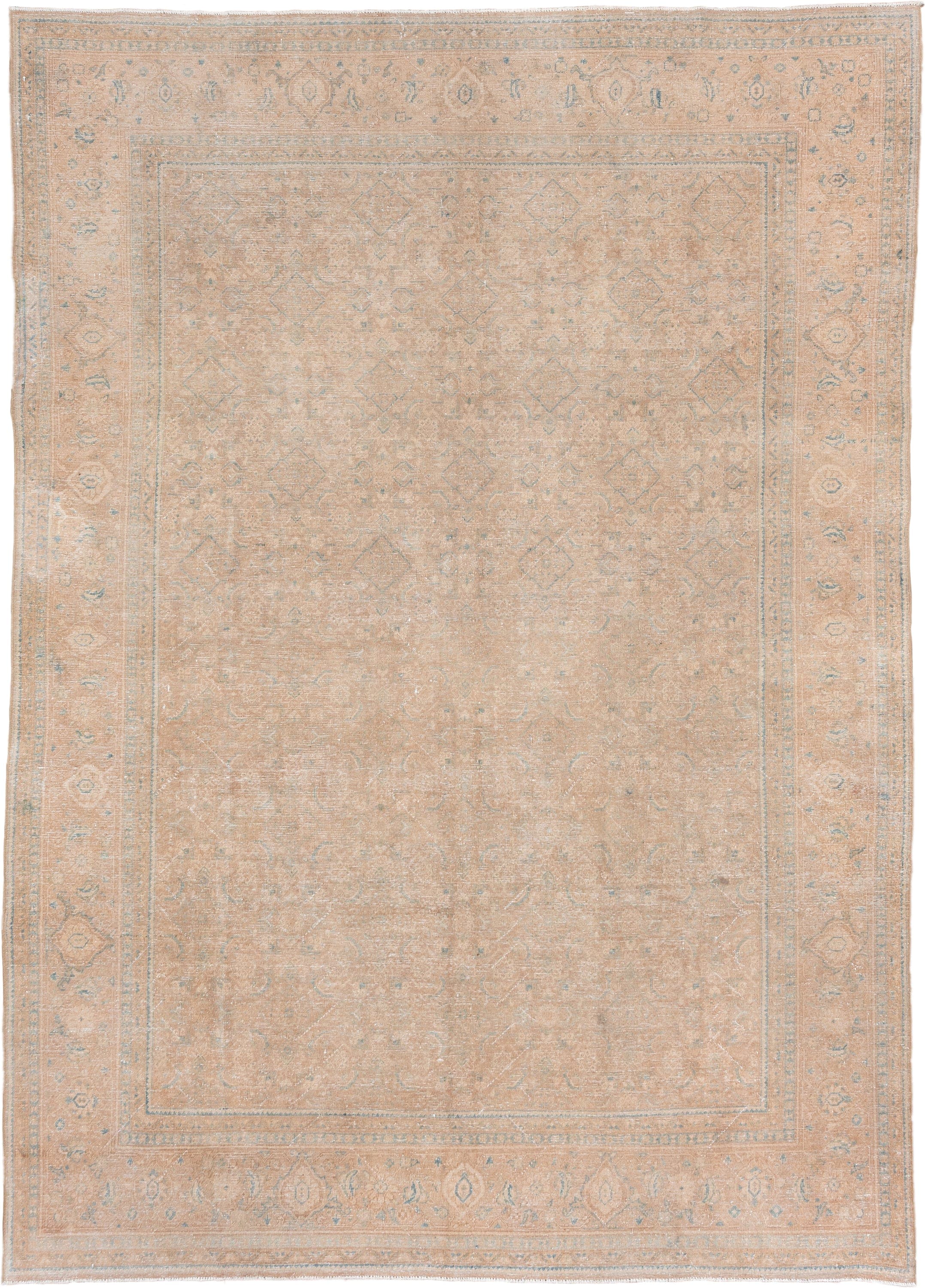 8' x 12' one-of-a-kind handmade vintage Mahal large size rug. Color palette: peach, ivory, pale blue, beige, taupe