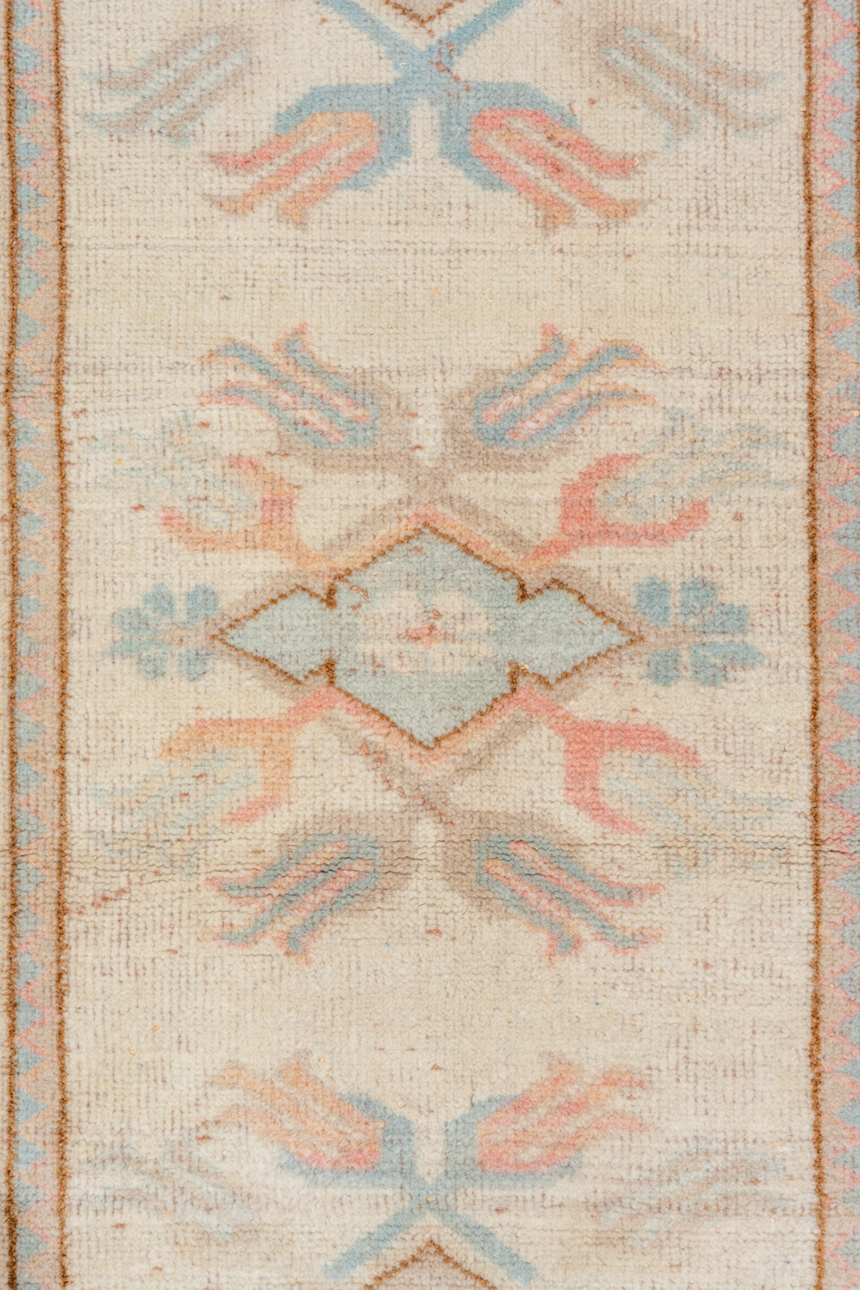 2' x 9' one-of-a-kind handmade vintage Oushak runner rug. Color palette: ivory, pale blue, blush, taupe, cream, peach