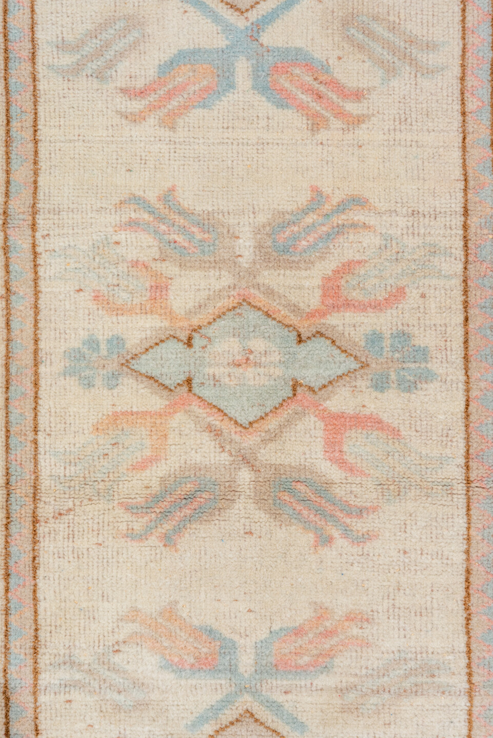 2' x 9' one-of-a-kind handmade vintage Oushak runner rug. Color palette: ivory, pale blue, blush, taupe, cream, peach
