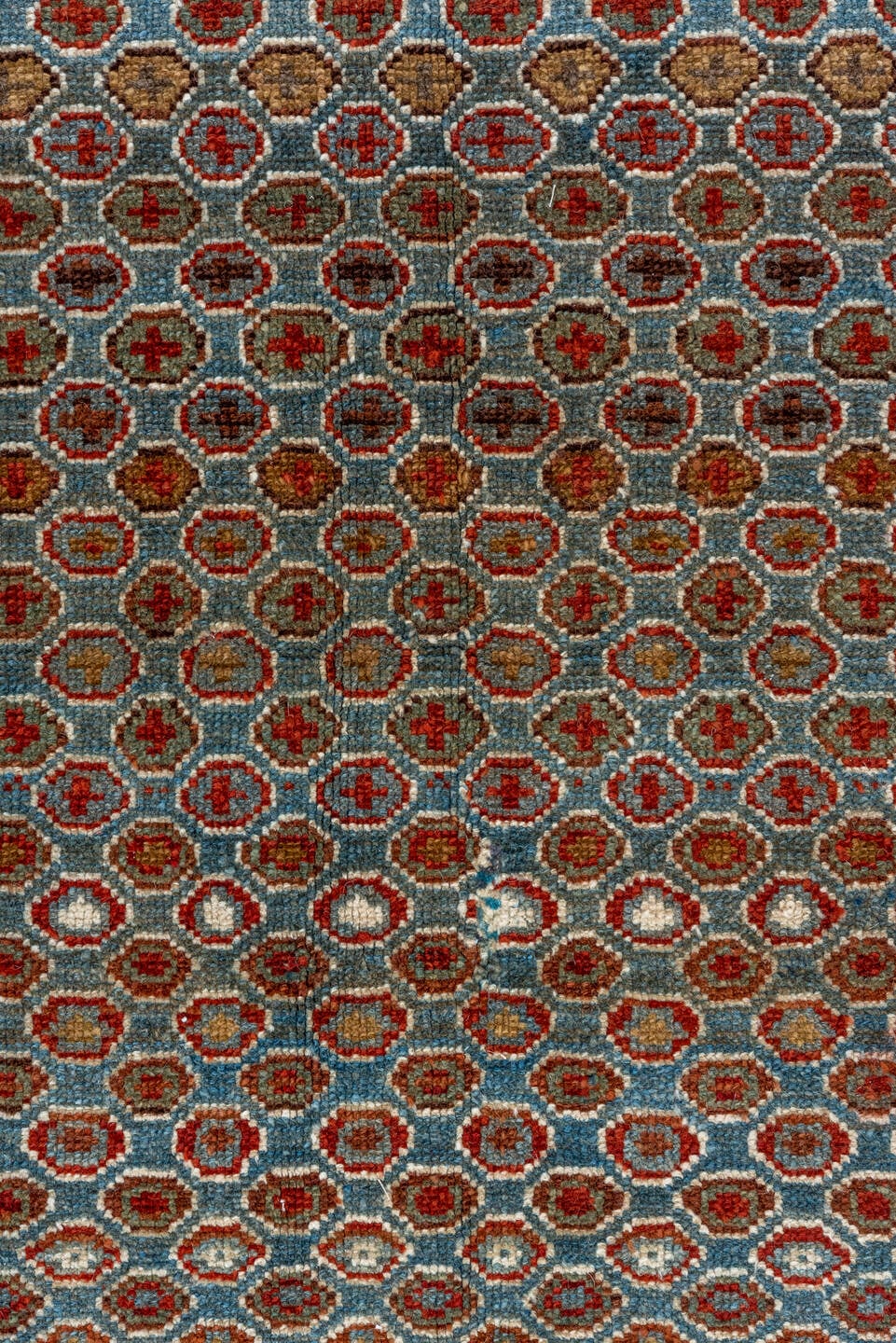3' x 6' one-of-a-kind handmade vintage Malayer small size rug. Color palette: light blue, rust, ivory, brown, brick red