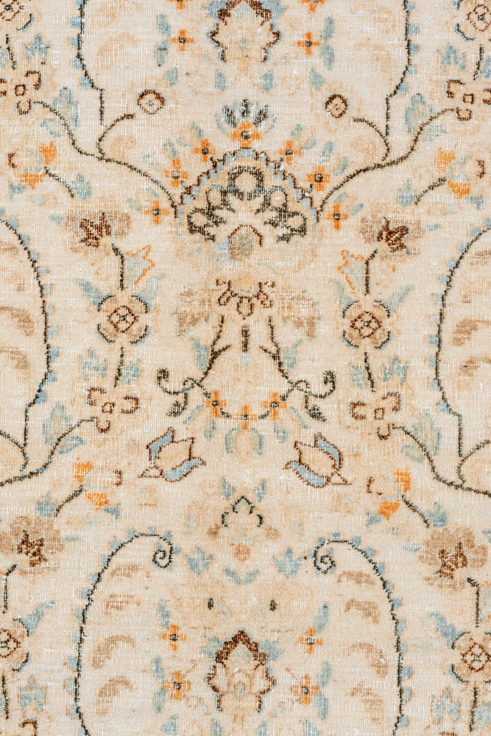 10' x 12' one-of-a-kind handmade vintage Kerman large size rug. Color palette: ivory, powder blue, camel, taupe, beige