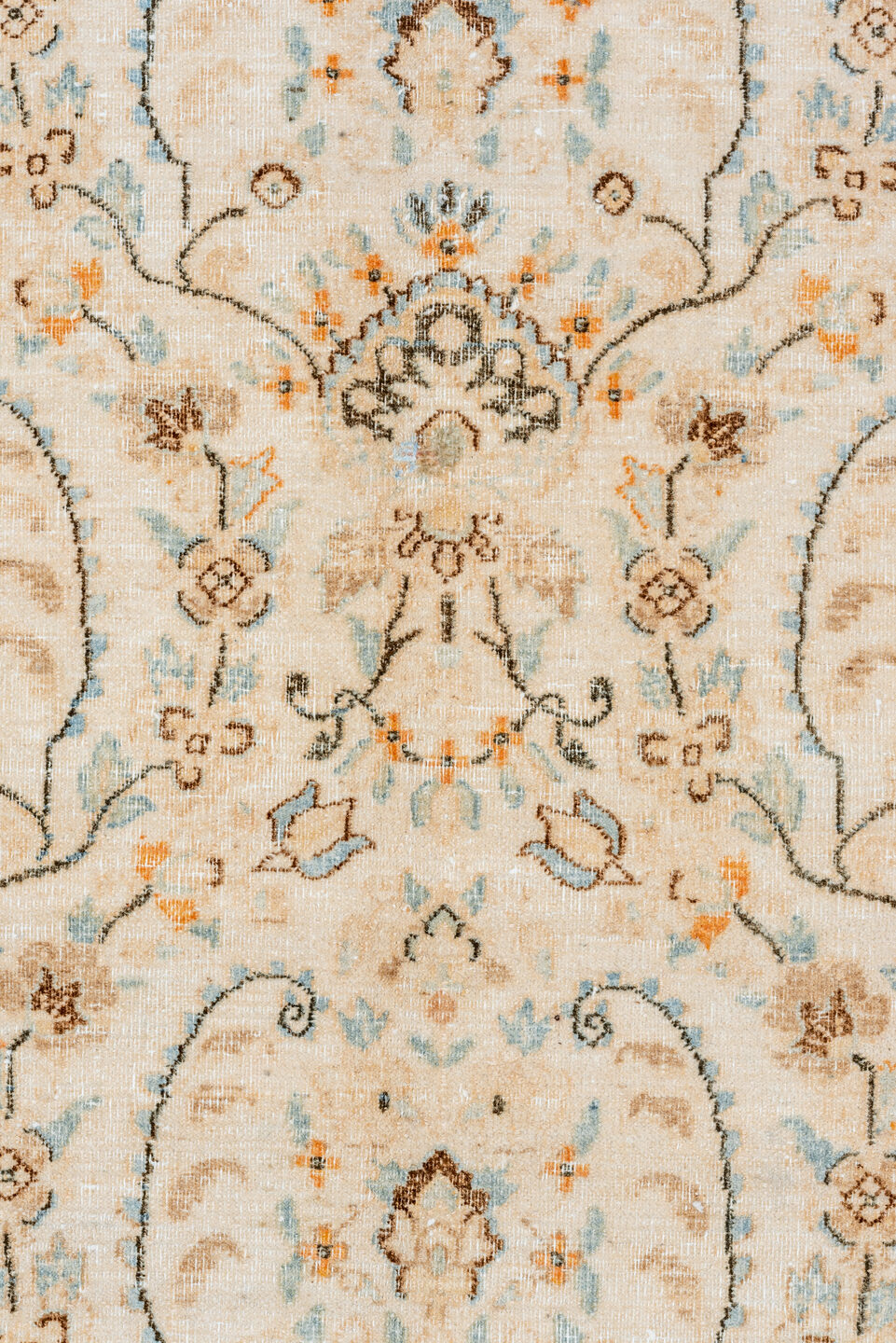 10' x 12' one-of-a-kind handmade vintage Kerman large size rug. Color palette: ivory, powder blue, camel, taupe, beige