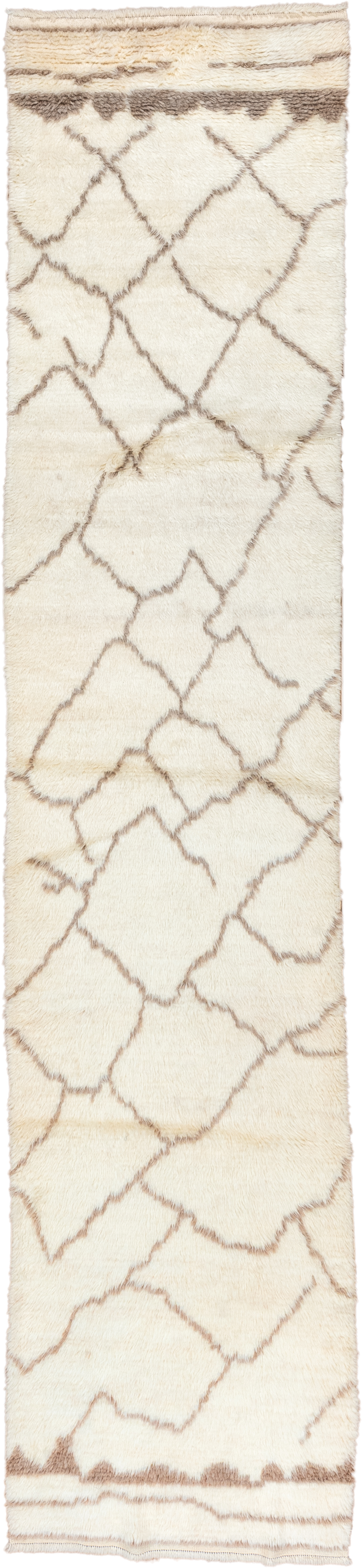 2' x 12' one-of-a-kind handmade vintage Moroccan runner rug. Color palette: ivory, taupe, cream, camel, beige, gray