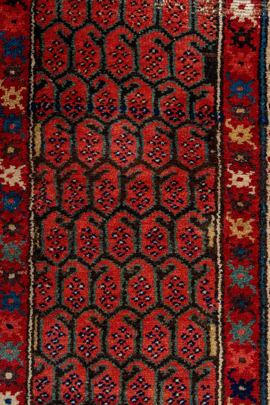 2' x 13' one-of-a-kind handmade vintage Malayer runner rug. Color palette: rust, ivory, navy, crimson, camel, charcoal