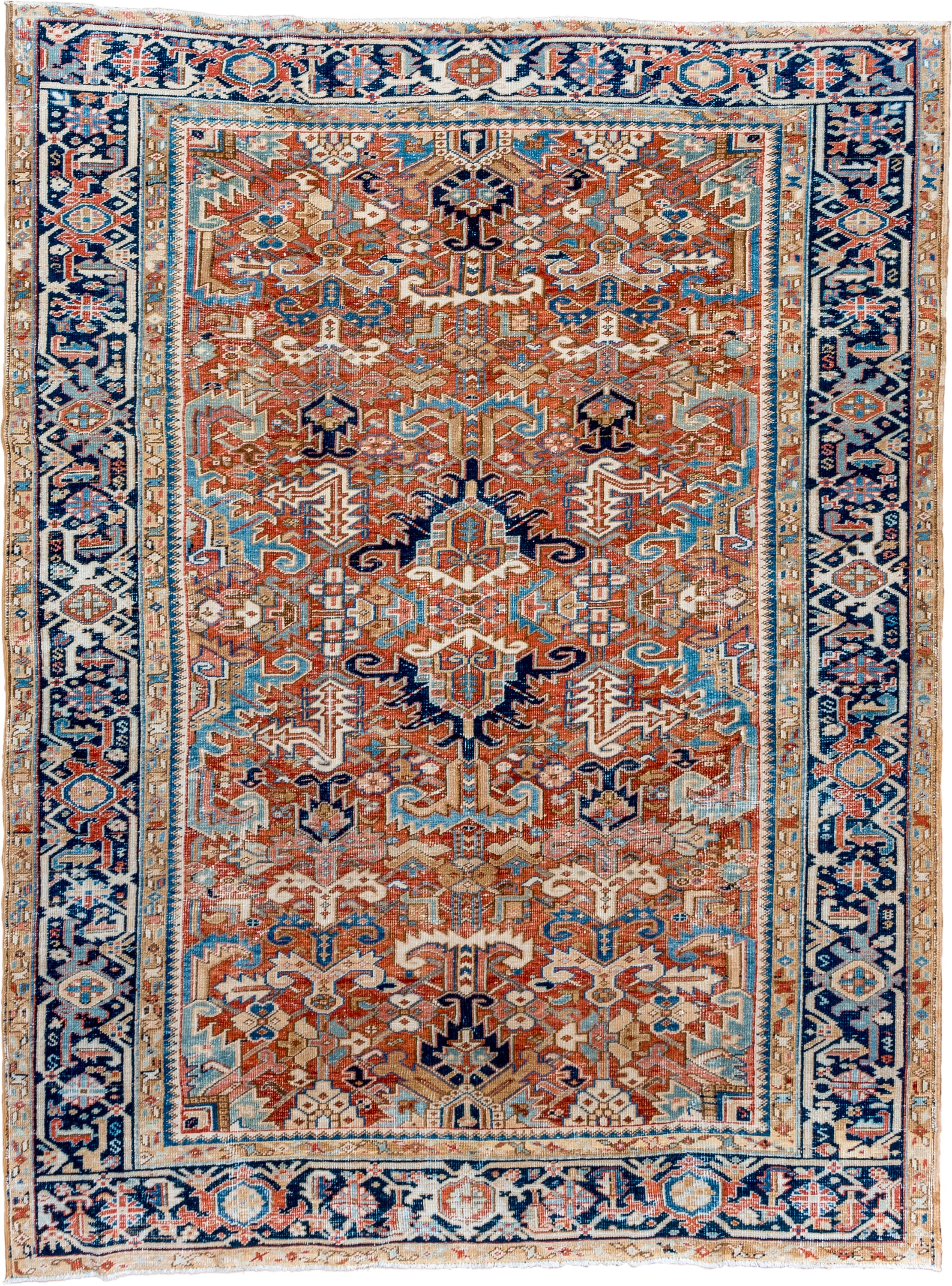 7' x 10' one-of-a-kind handmade vintage Heriz large size rug. Color palette: terra cotta, navy, ivory, sky blue, camel, rust